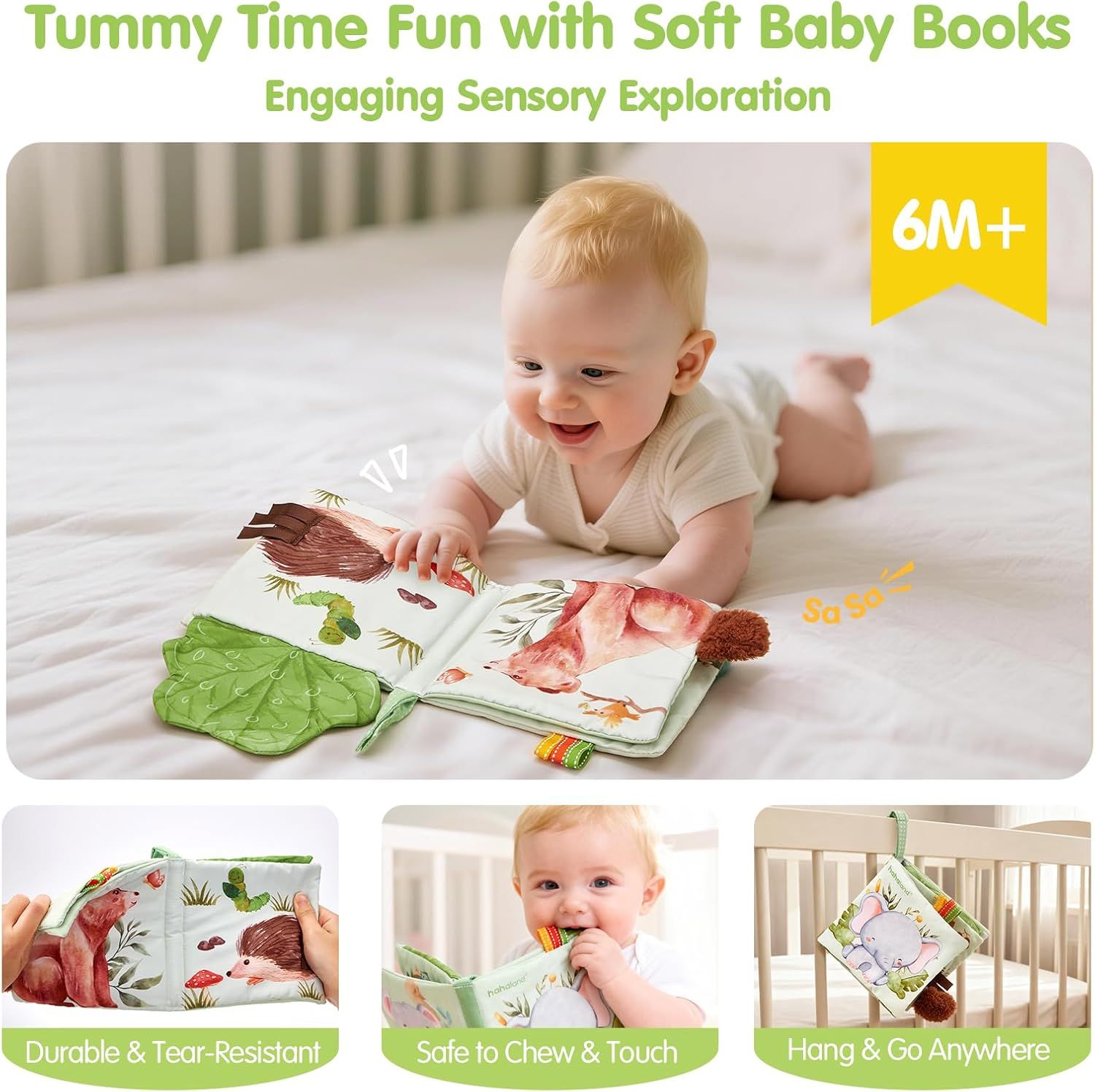 Showcases three distinct benefits of the baby sensory book through a segmented layout to reassure parents of its durability, safety, and portability.