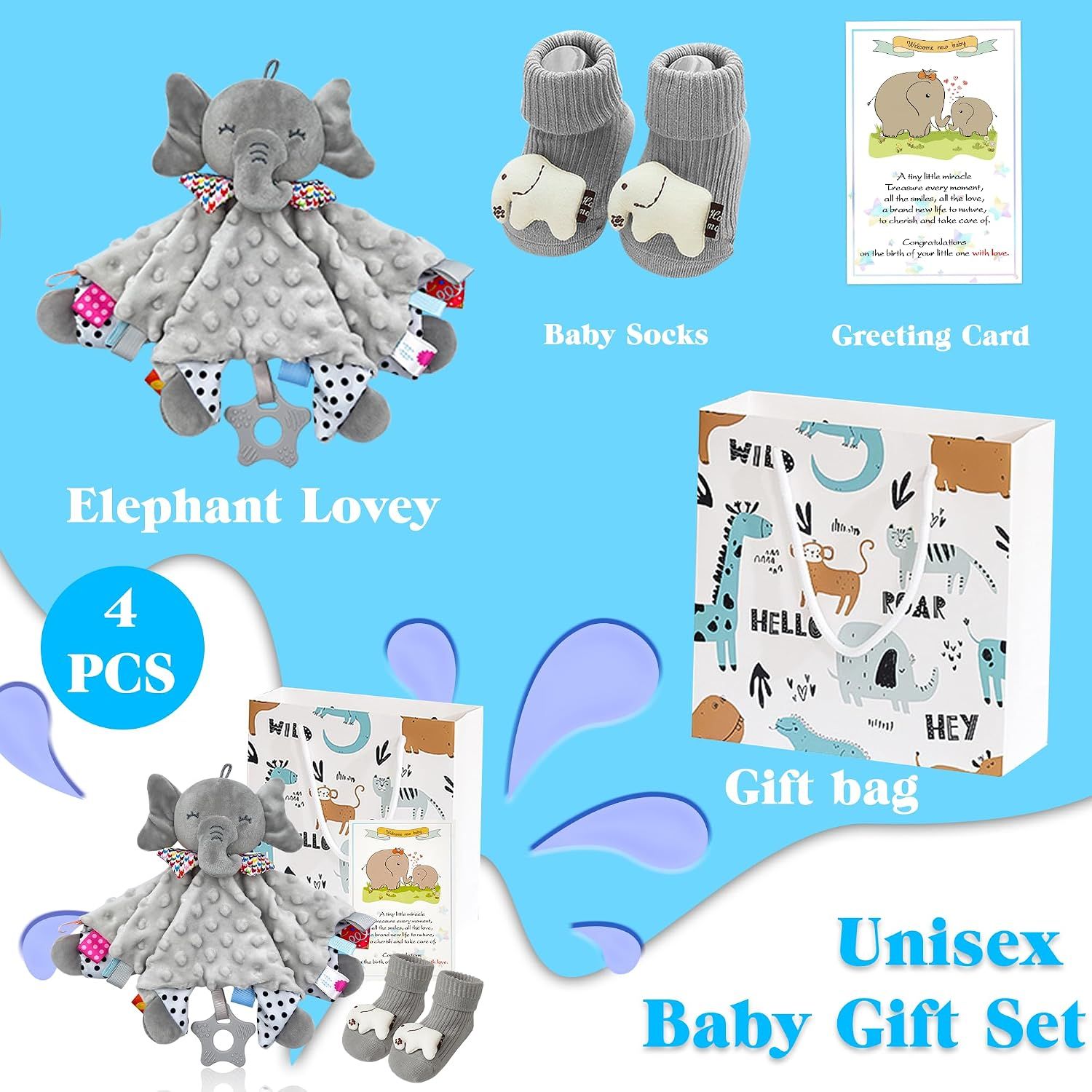 Shows all items included in the baby gift set bundle (elephant lovey, baby socks, greeting card, and gift bag) to help shoppers understand the complete package they will receive.