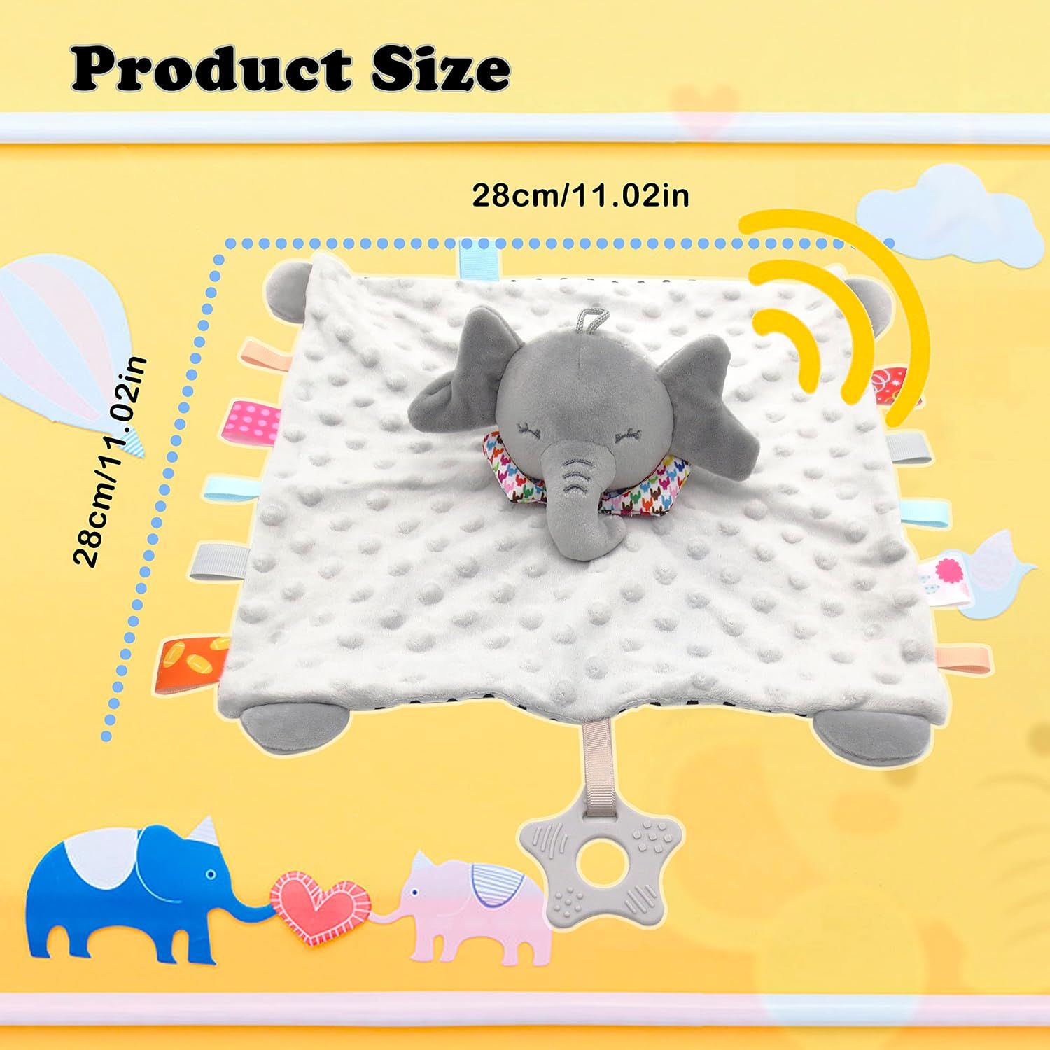 Provides exact physical dimensions of the elephant lovey blanket (28cm x 11.02in) with measurement arrows to help shoppers understand the size of the product.