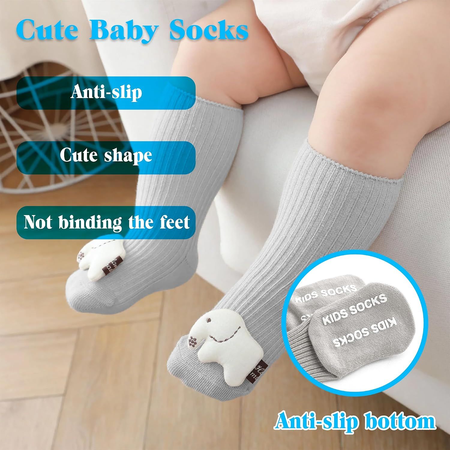 Highlights three distinct benefits of the baby socks through segmented callouts: anti-slip safety, cute elephant design, and comfortable non-binding fit for baby's feet.