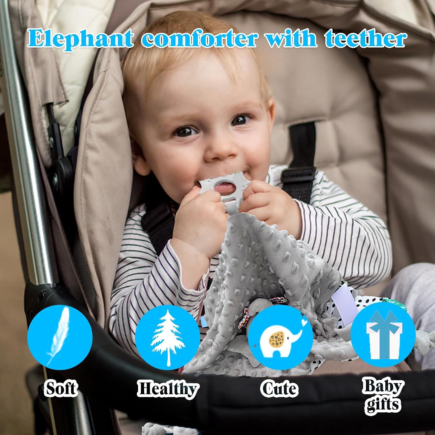 Showcases four distinct selling benefits of the elephant comforter with teether through icon-based segmented layout, emphasizing softness, health safety, cute design, and gift suitability.
