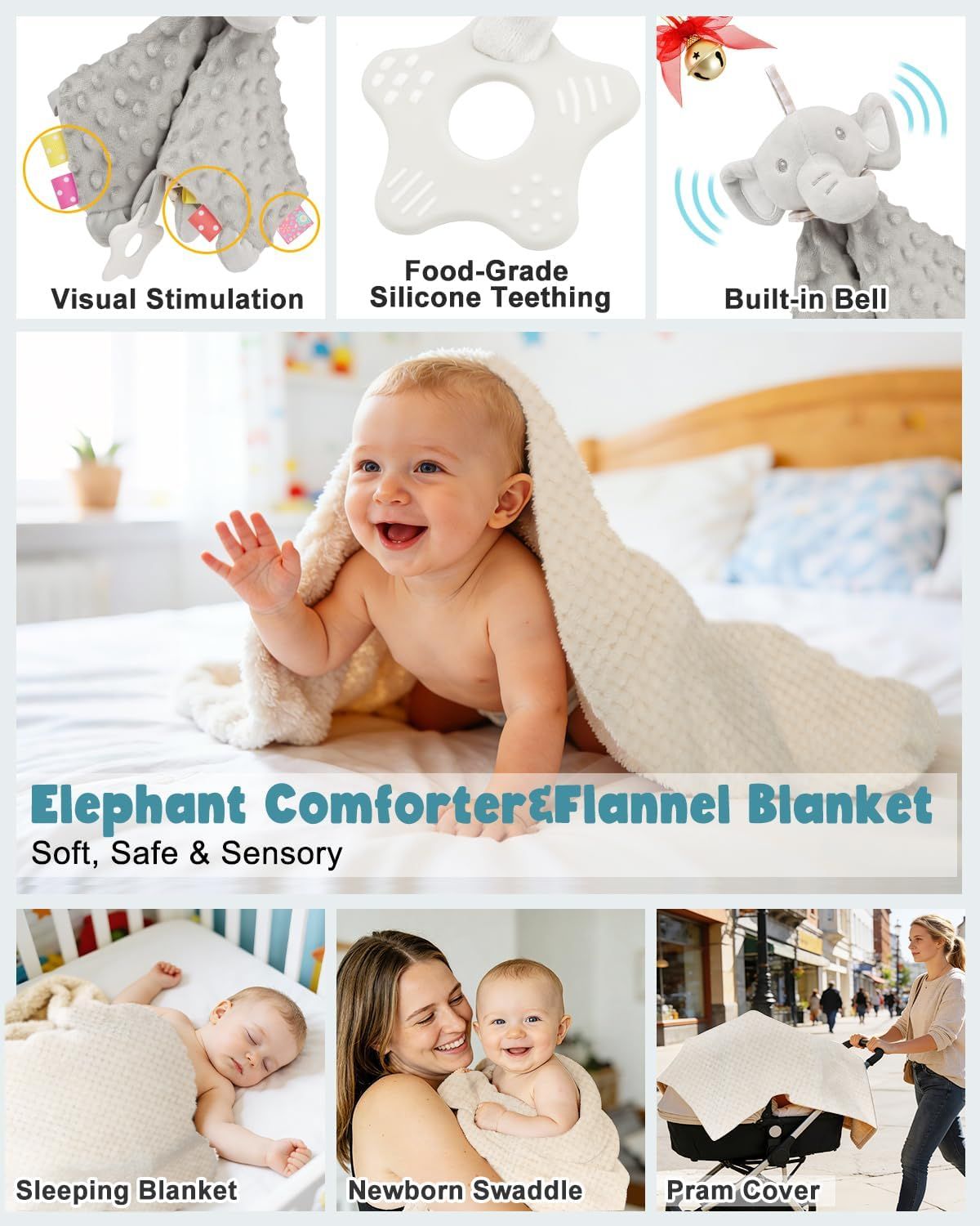 Demonstrates the versatility of the elephant comforter and flannel blanket by showing multiple use cases for the product. Highlights multiple distinct benefits of the product in a segmented layout…
