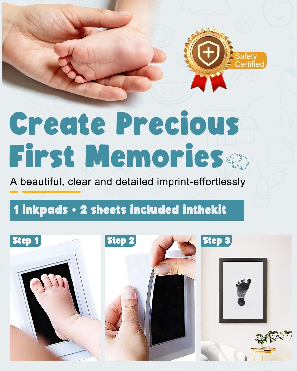 Provides step-by-step instructions on how to create a baby footprint or handprint keepsake using the included ink pad and sheets. Reassures parents that the ink pad is safety certified and safe for…