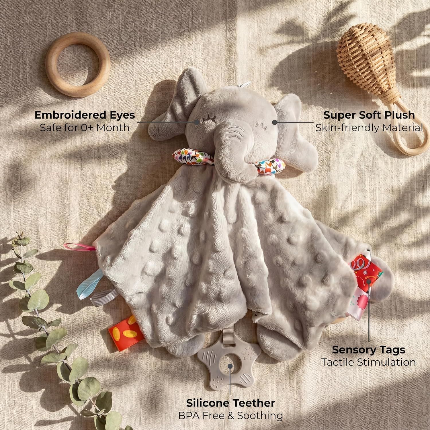 Breaks down the physical components and features of the baby comforter, highlighting safety, material quality, sensory elements, and included teether to reassure parents about the product's design…