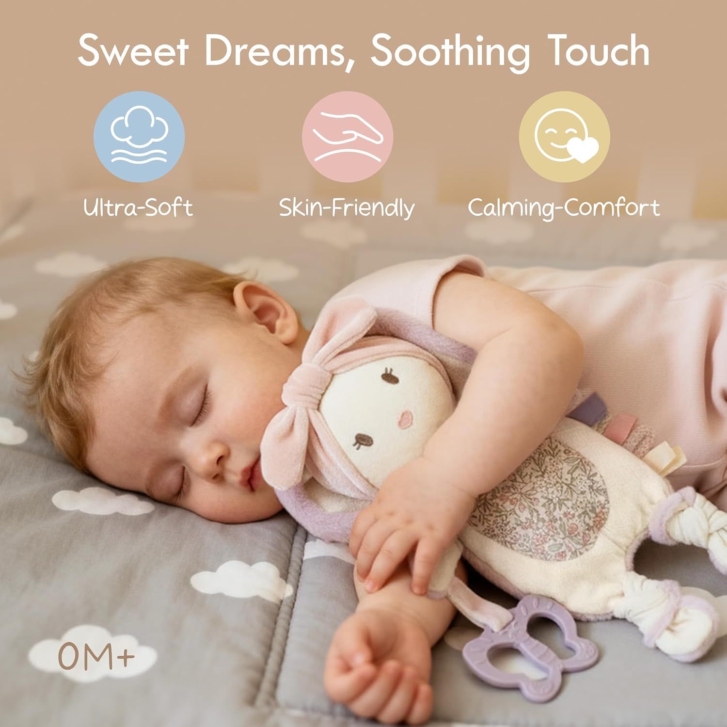 Highlights three distinct comfort and safety benefits of the product through a segmented icon layout to reassure parents about the product's suitability for babies.
