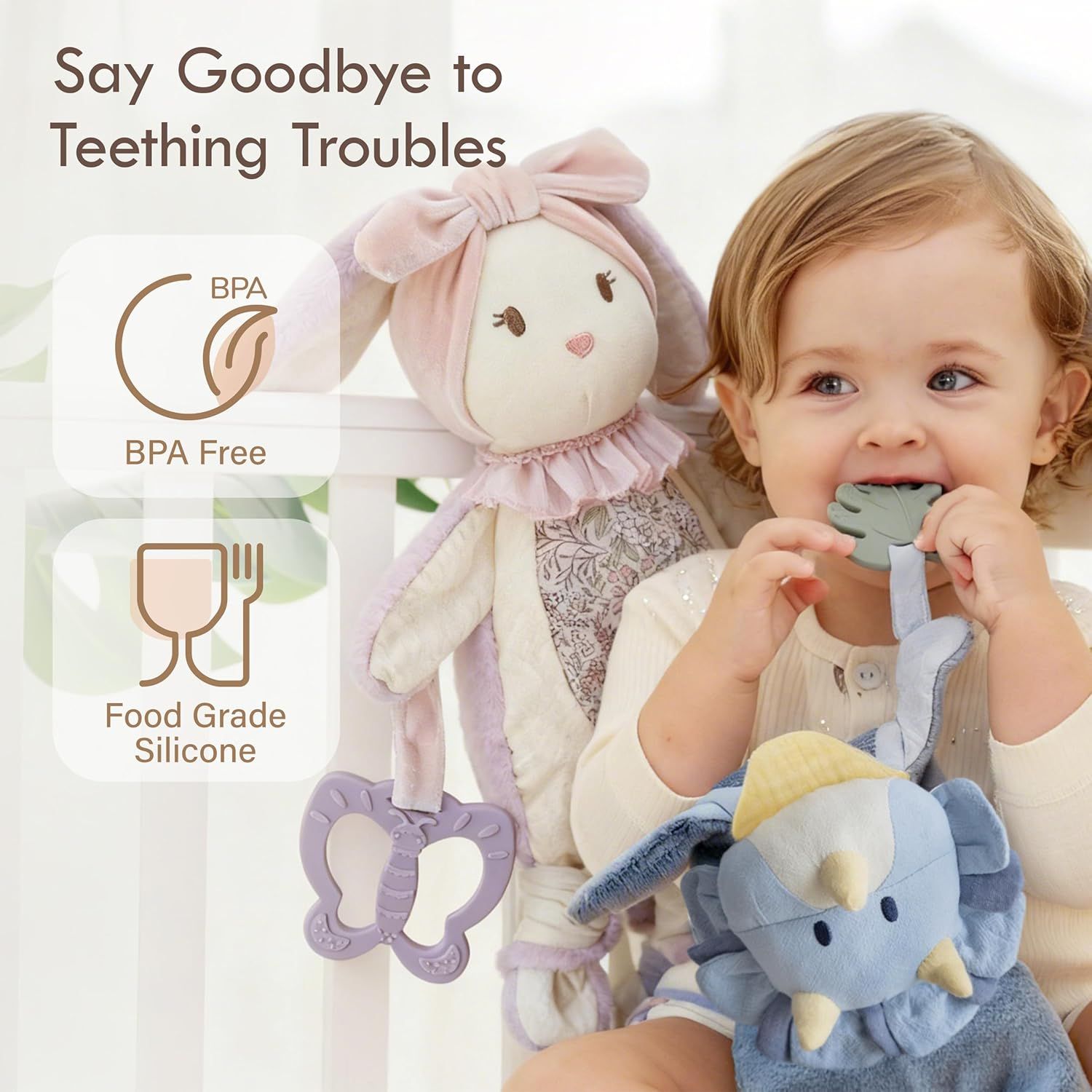 Communicates the product's safety credentials through certifications and material claims to reassure parents that the teething toy is safe for babies. Shows how the product solves teething troubles…