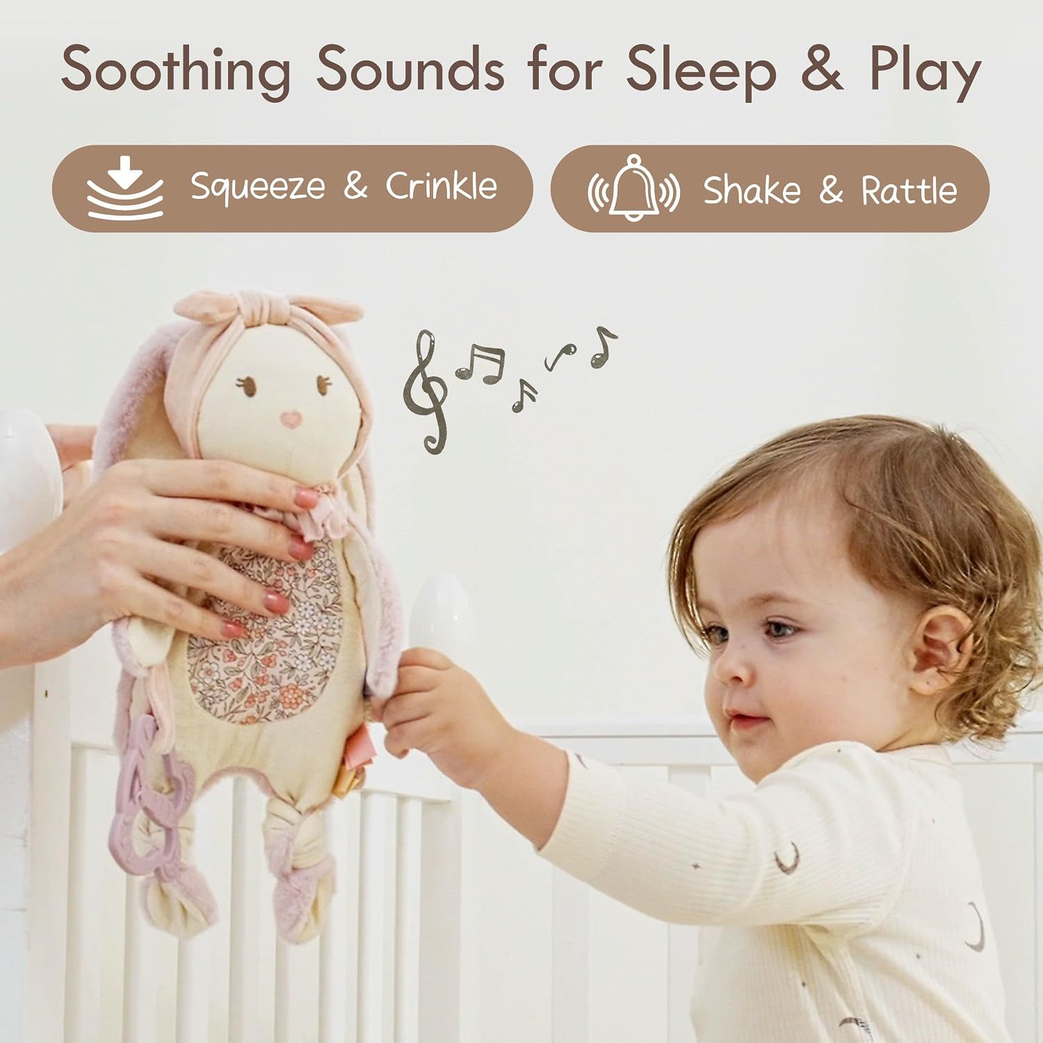 Demonstrates the product's dual sound features (squeeze and crinkle, shake and rattle) that help soothe babies during sleep and play.