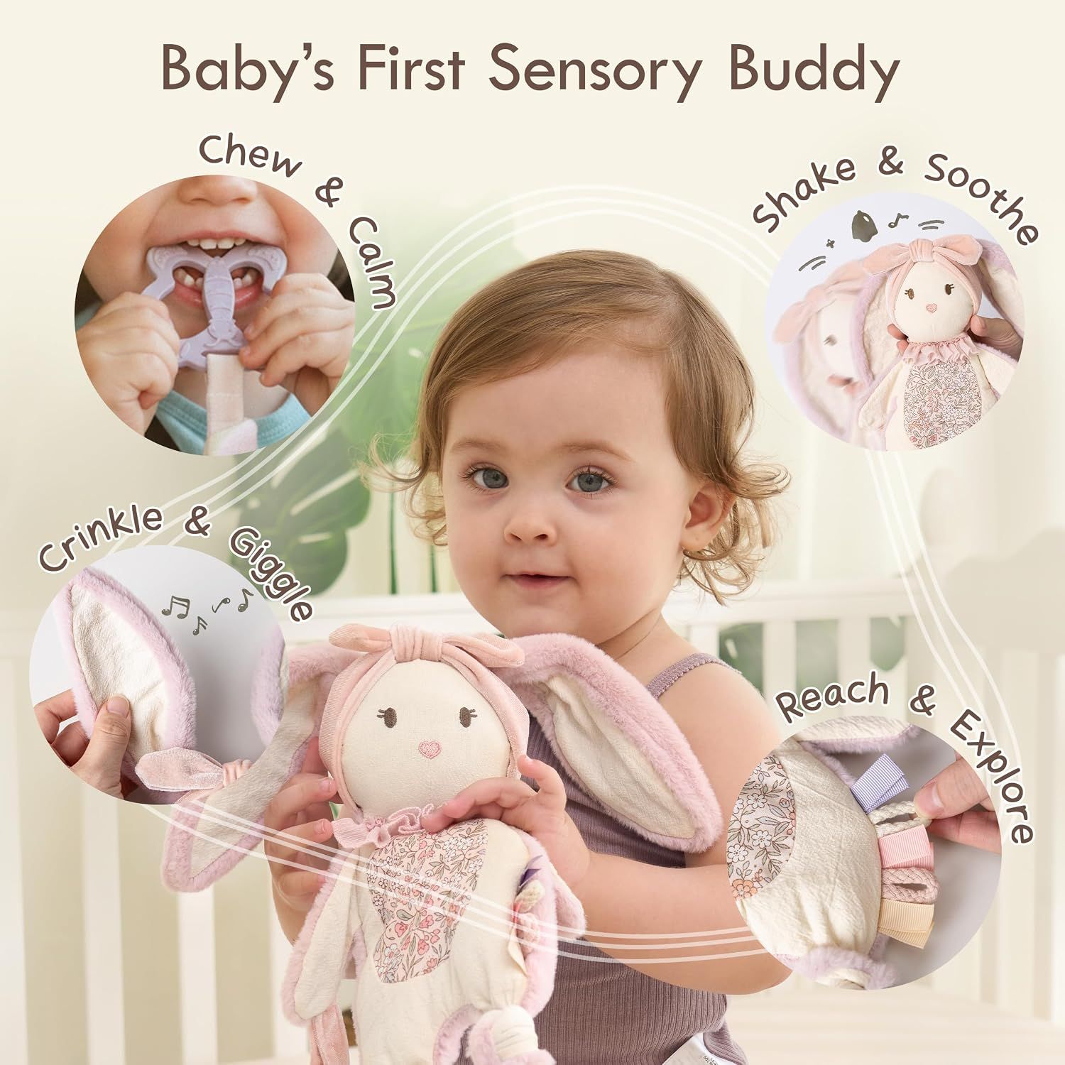 Showcases the multiple sensory features of the product through a segmented layout with circular callouts, demonstrating how it supports baby's developmental needs.