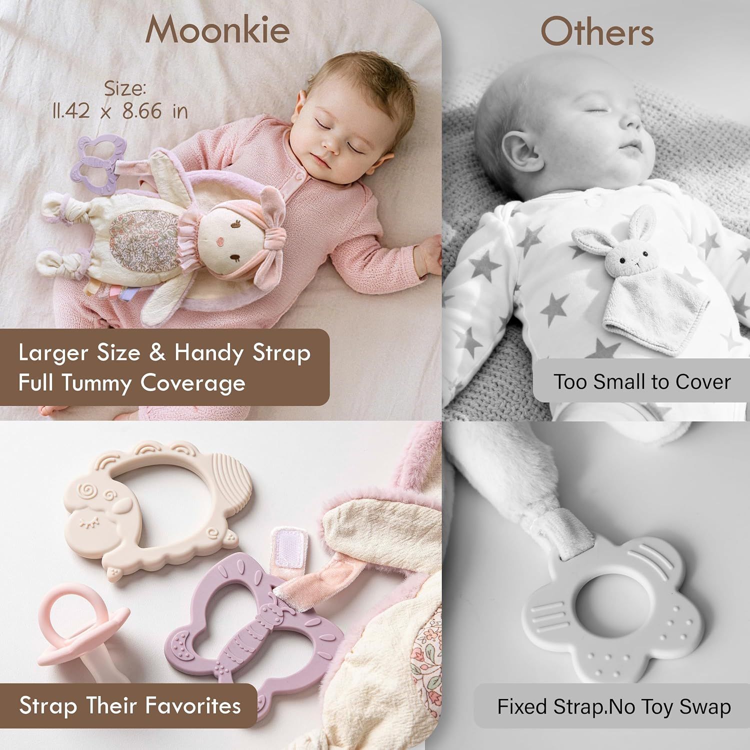 Compares the Moonkie product against generic competitors to demonstrate superior size, coverage, and versatility features that make it a better choice for parents.