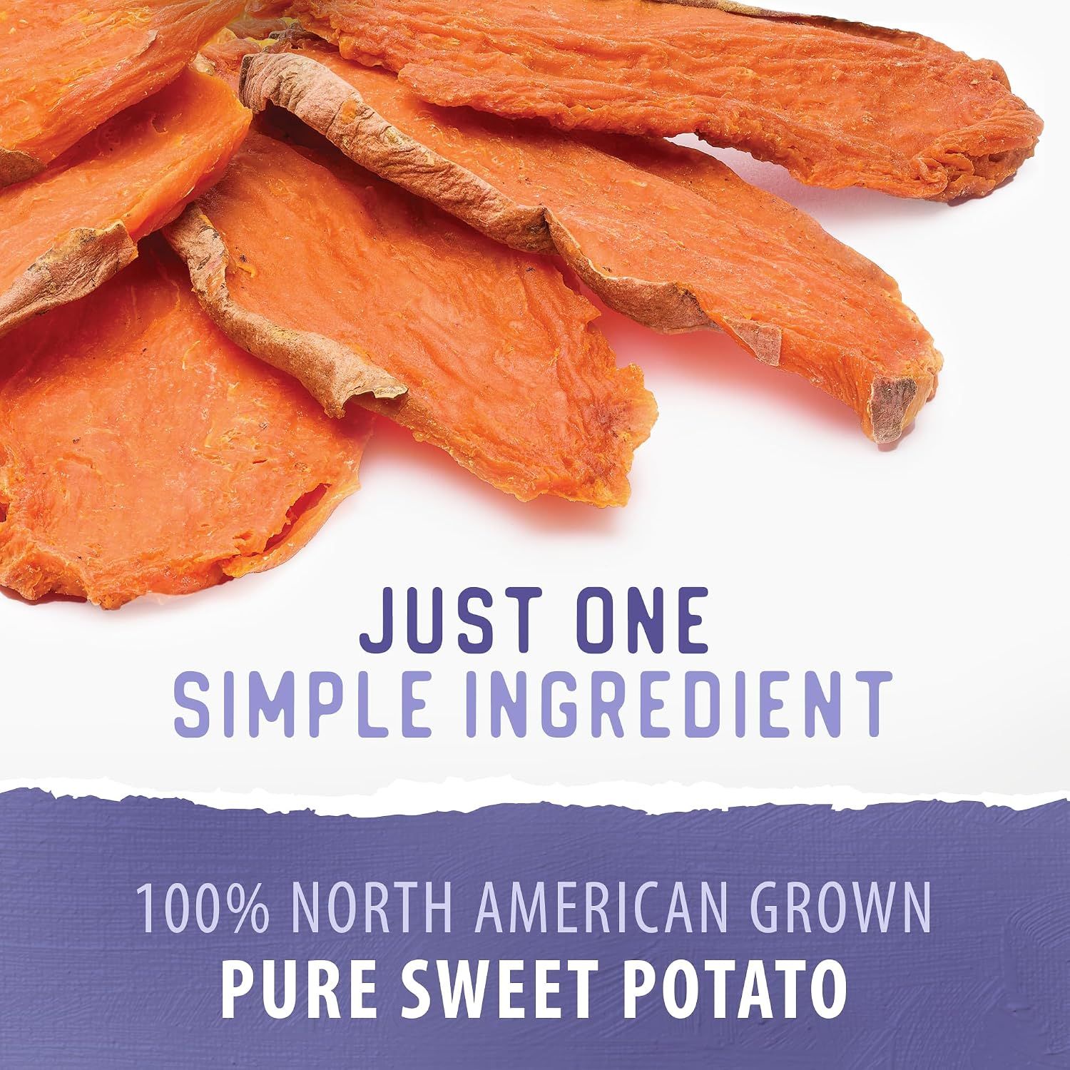 Emphasizes the product's simplicity and purity by highlighting that it contains just one ingredient made from 100% North American grown sweet potato.