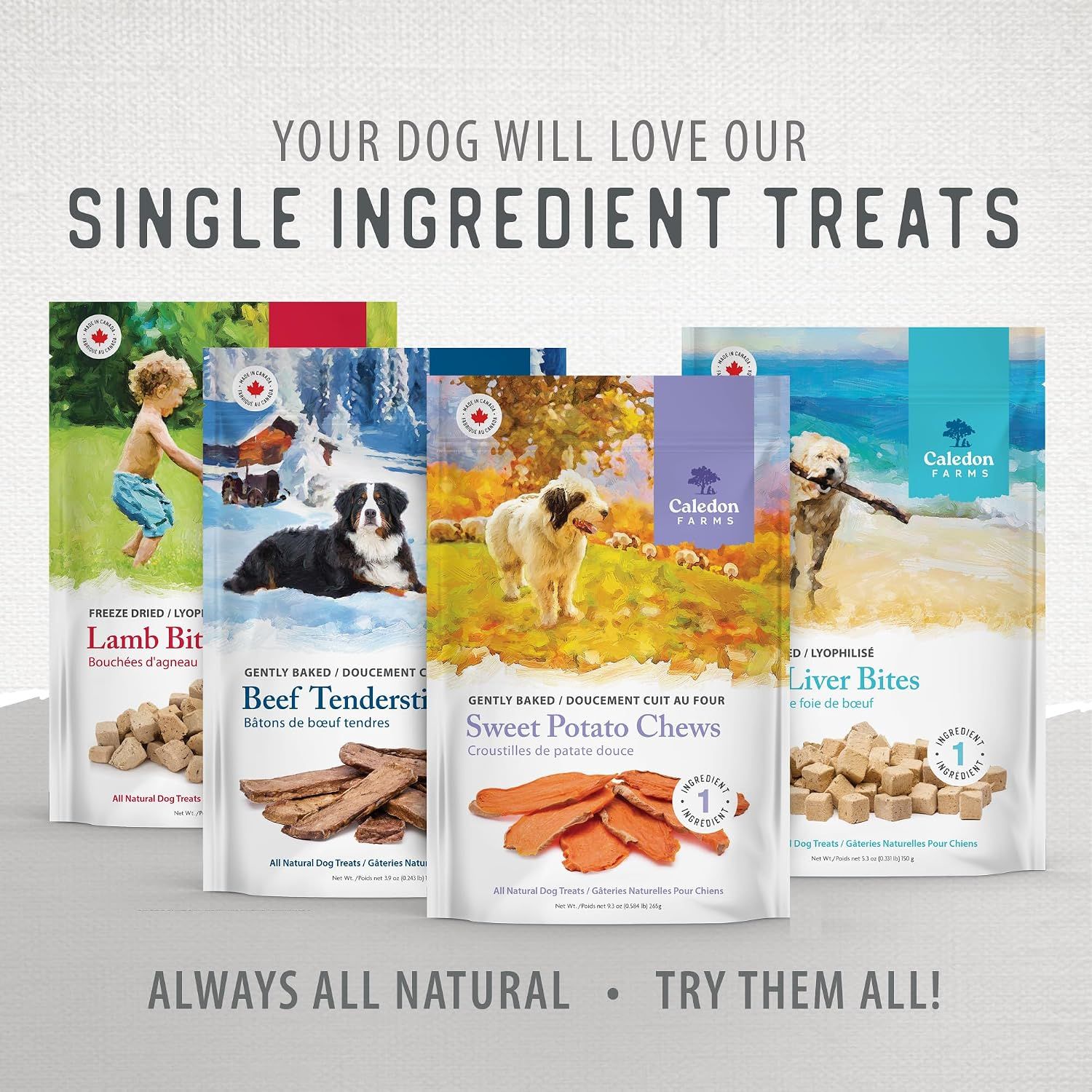 Showcases the brand's full range of single ingredient treat options including lamb, beef, sweet potato, and liver, encouraging shoppers to explore and try other products in the line.