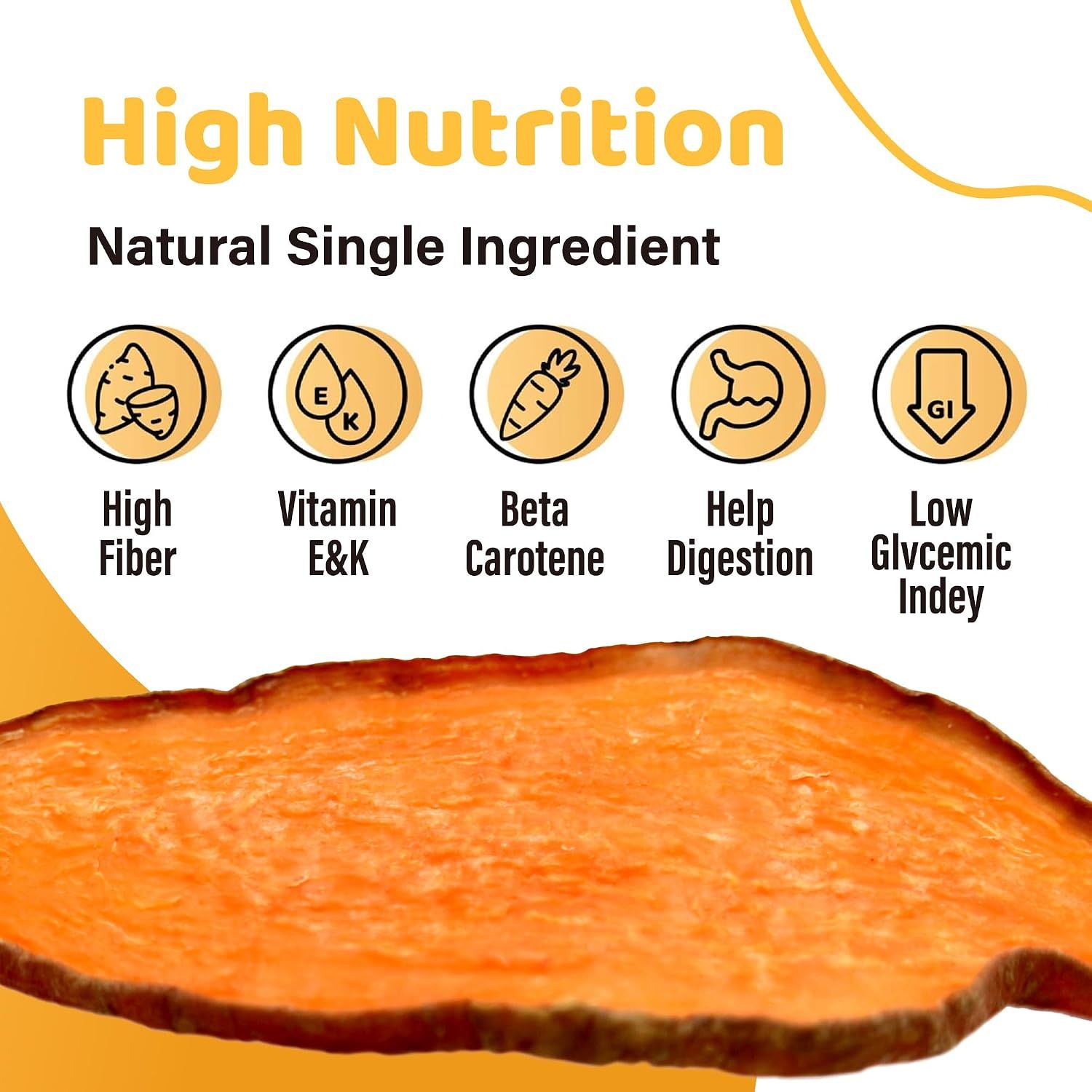 Showcases multiple nutritional benefits of the single-ingredient sweet potato treat through a segmented icon layout, reassuring shoppers about the health value of the product.