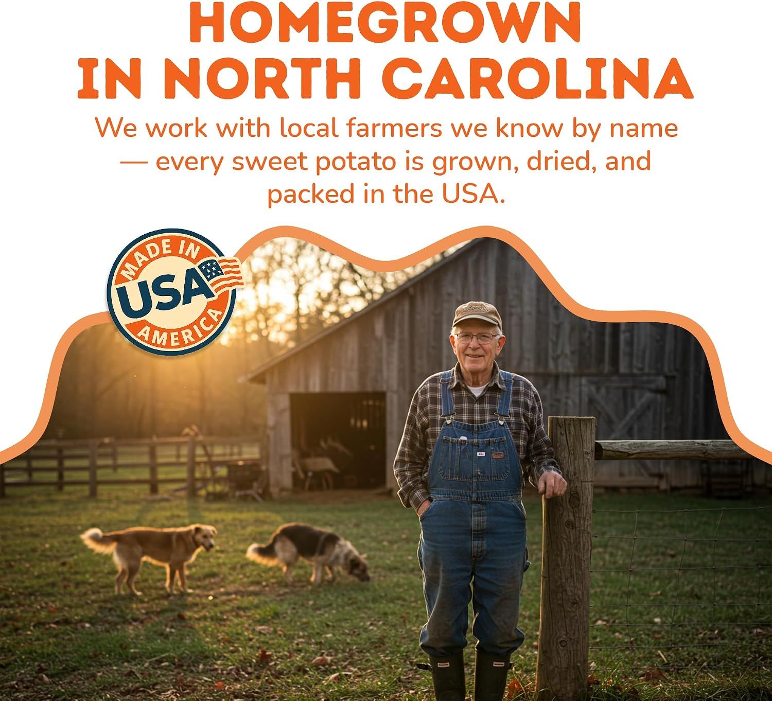 Communicates the brand's origin story and commitment to local North Carolina farmers, emphasizing that the product is homegrown and made in the USA to build trust and emotional connection.