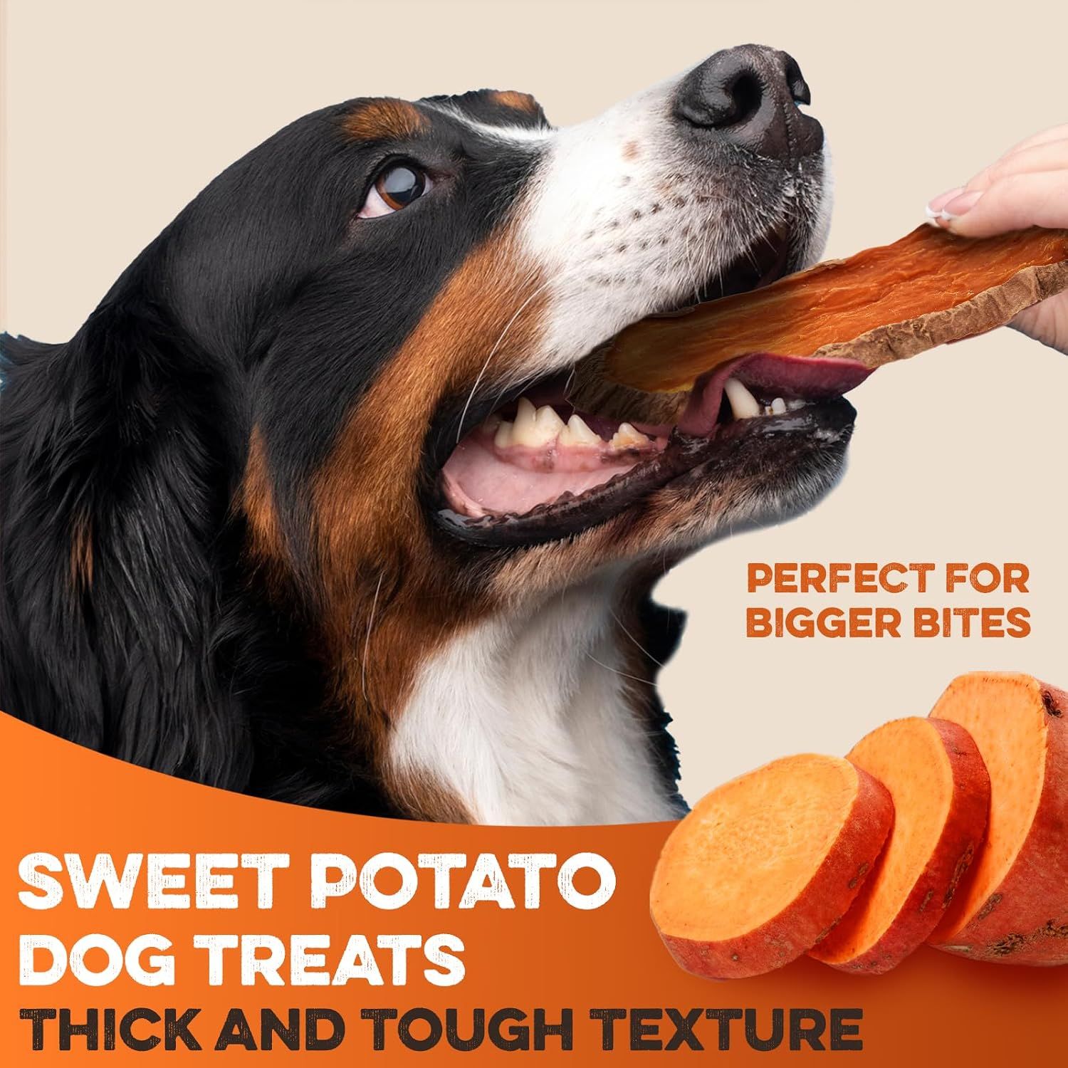 Highlights the product's thick, durable texture that is perfect for larger dogs who need bigger, tougher treats to chew.