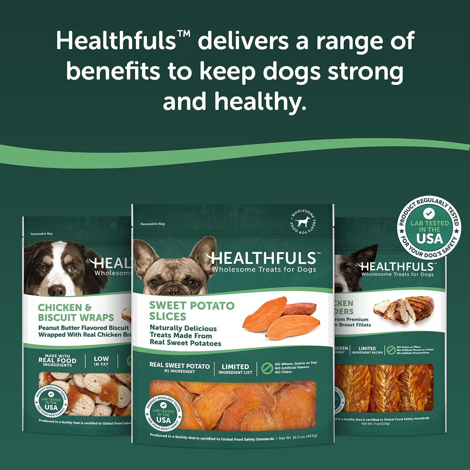 Showcases the Healthfuls brand product lineup including multiple treat varieties to help shoppers understand the range of options available from the brand.
