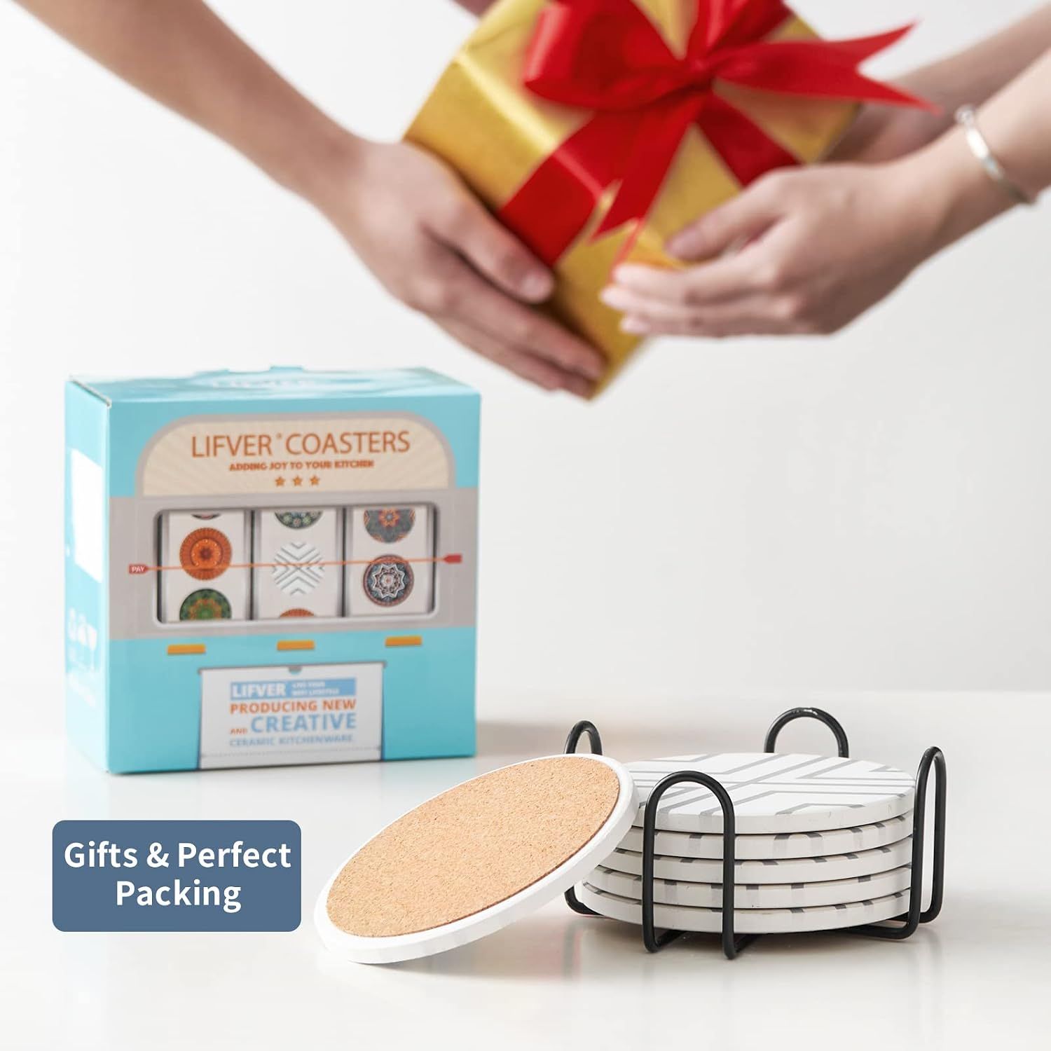 Positions the coaster set as a gift option by showing the attractive retail packaging and gift-ready presentation with a wrapped gift box in the background. Shows what comes in the package including…