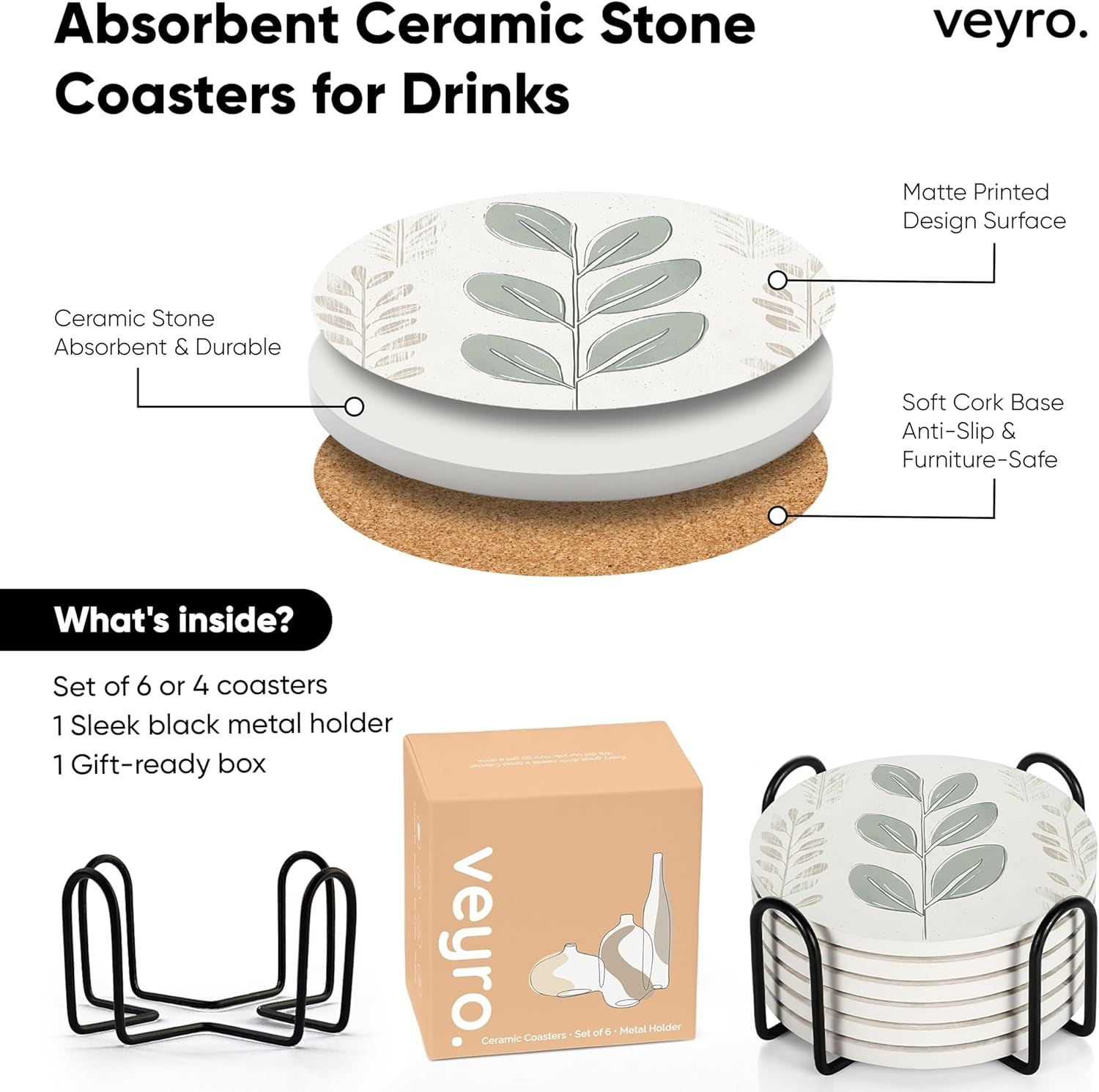 Illustrates the coaster's physical construction with labeled components including the ceramic stone, printed design, and cork base, while also showing what's included in the package. Shows all items…