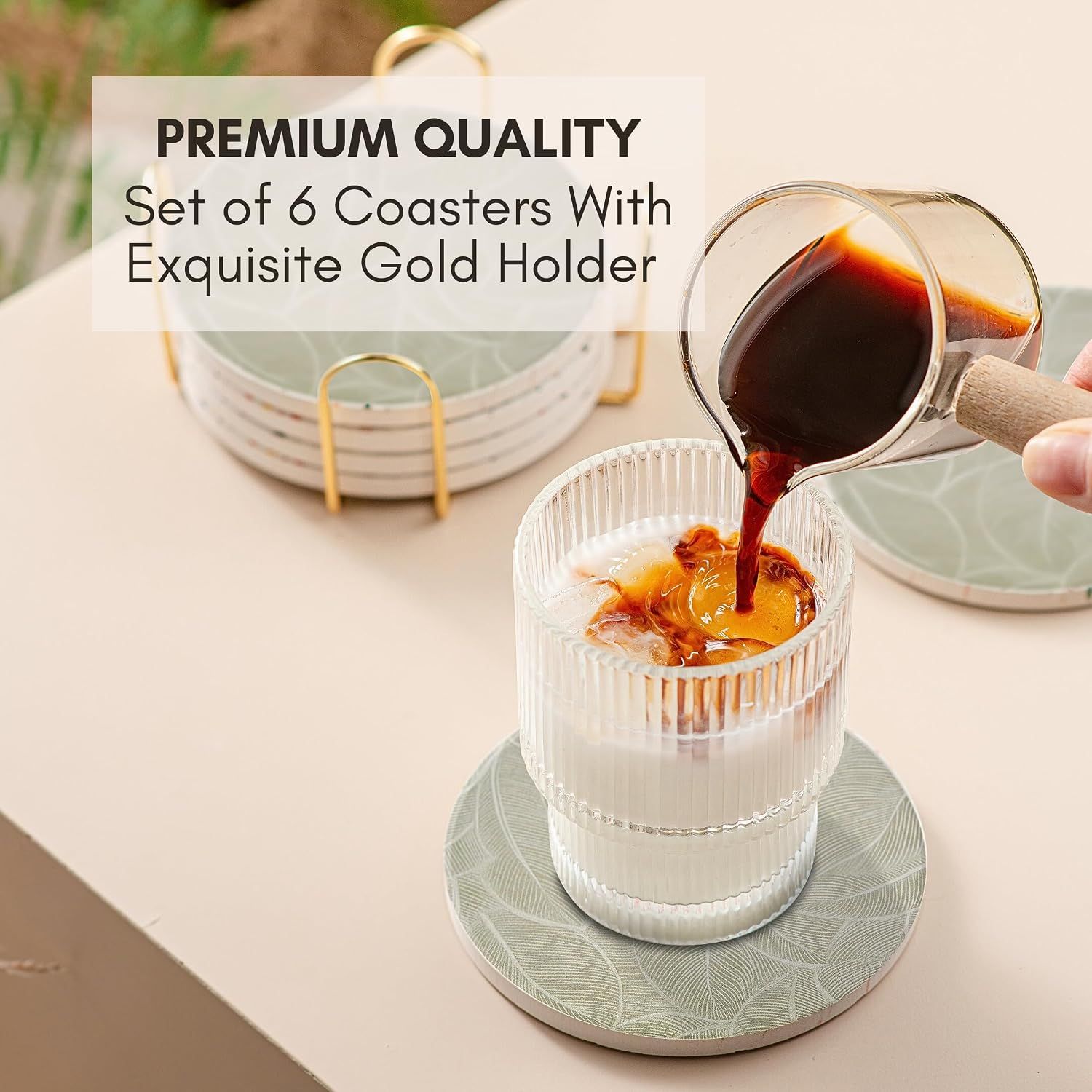 Shows shoppers exactly what they receive in the package: six premium coasters plus an elegant storage holder.