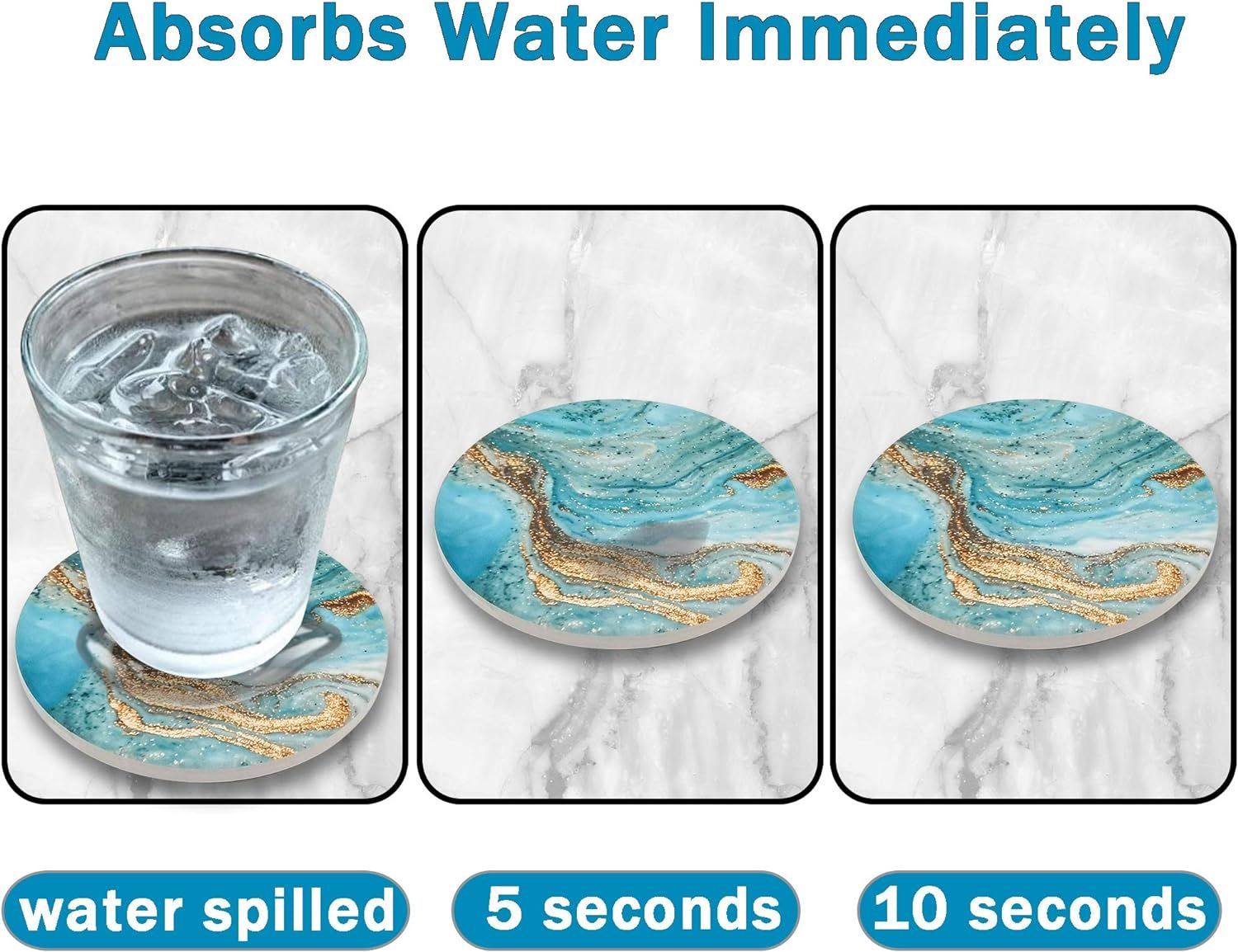 Demonstrates the coaster's water-absorbing capability by showing a before-and-after sequence of spilled water being absorbed in 5-10 seconds.
