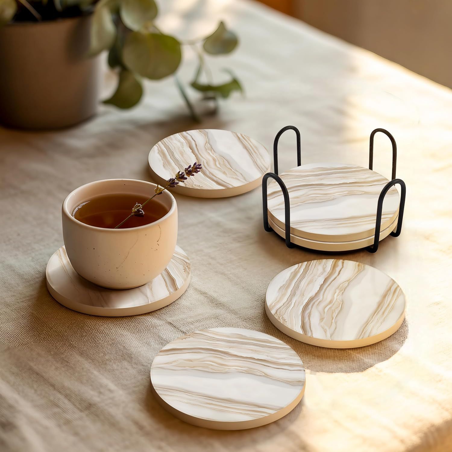 Shows everything included in the purchase: multiple coasters and a metal holder, helping shoppers understand the full value of the bundle.