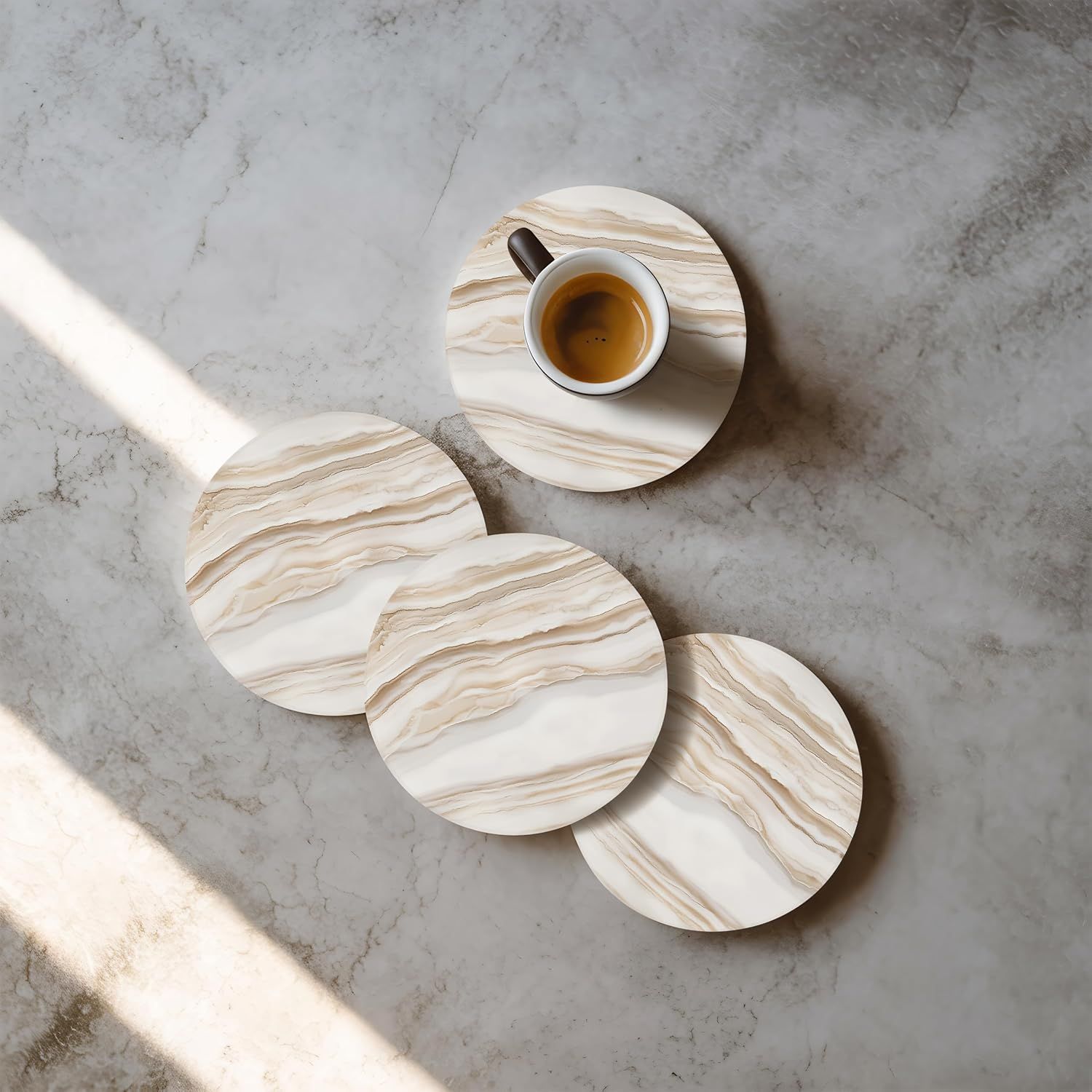 Shows multiple coasters arranged artistically with an espresso cup in natural lighting, demonstrating the product's aesthetic appeal in a real setting.