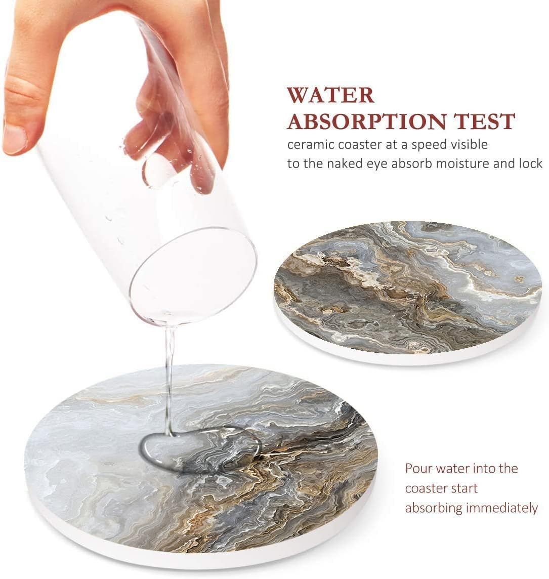 Demonstrates the coaster's water absorption capability to reassure shoppers that it quickly absorbs moisture and protects surfaces.