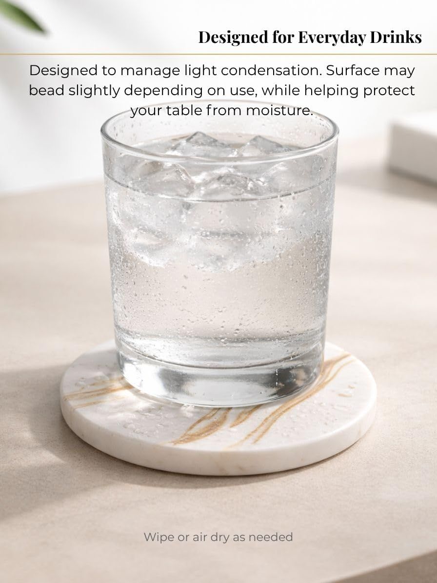 Communicates that the coaster is designed to handle everyday condensation and protect surfaces from moisture damage.