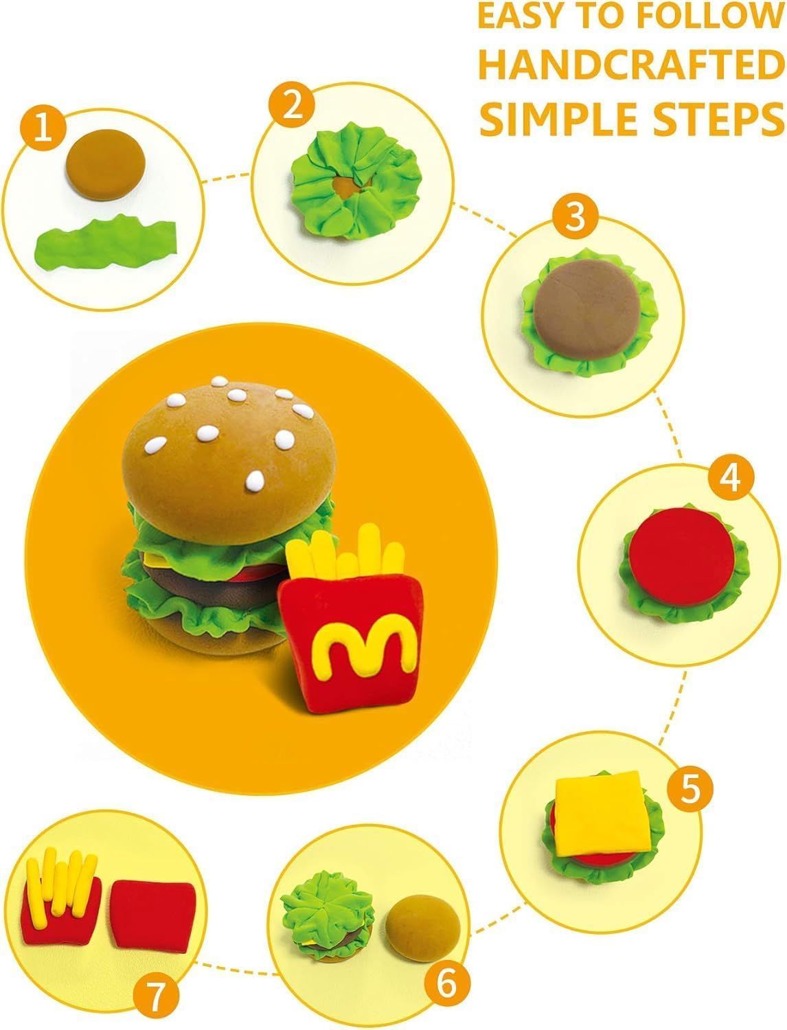 Provides clear numbered sequential steps showing how to create a hamburger and fries from modeling clay, making the product easy to use and accessible for children.