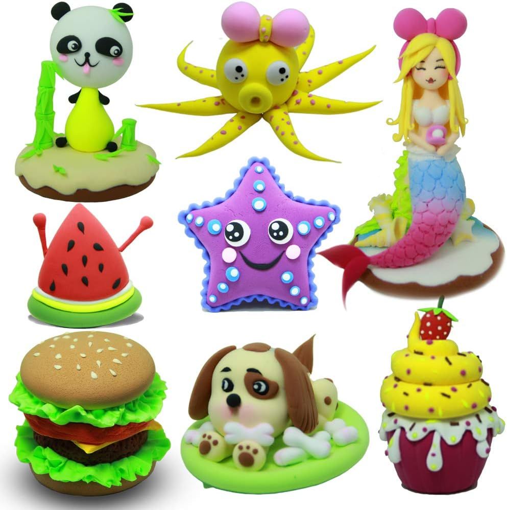 Showcases a collection of finished clay creations including animals, food, and characters to demonstrate the product's versatility and inspire creativity.
