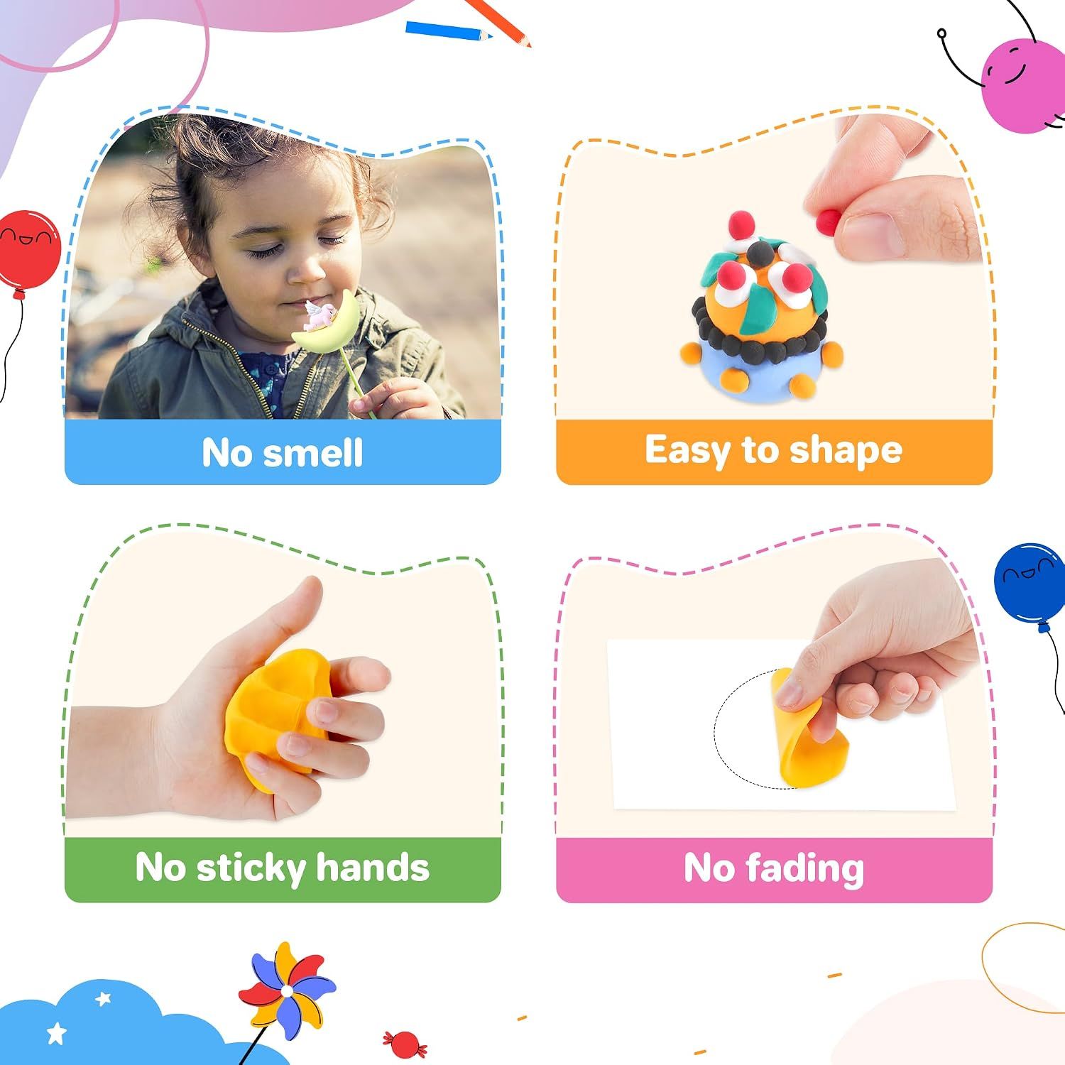 Highlights four distinct product benefits in a segmented layout to reassure parents about safety, ease of use, and quality of the modeling clay.