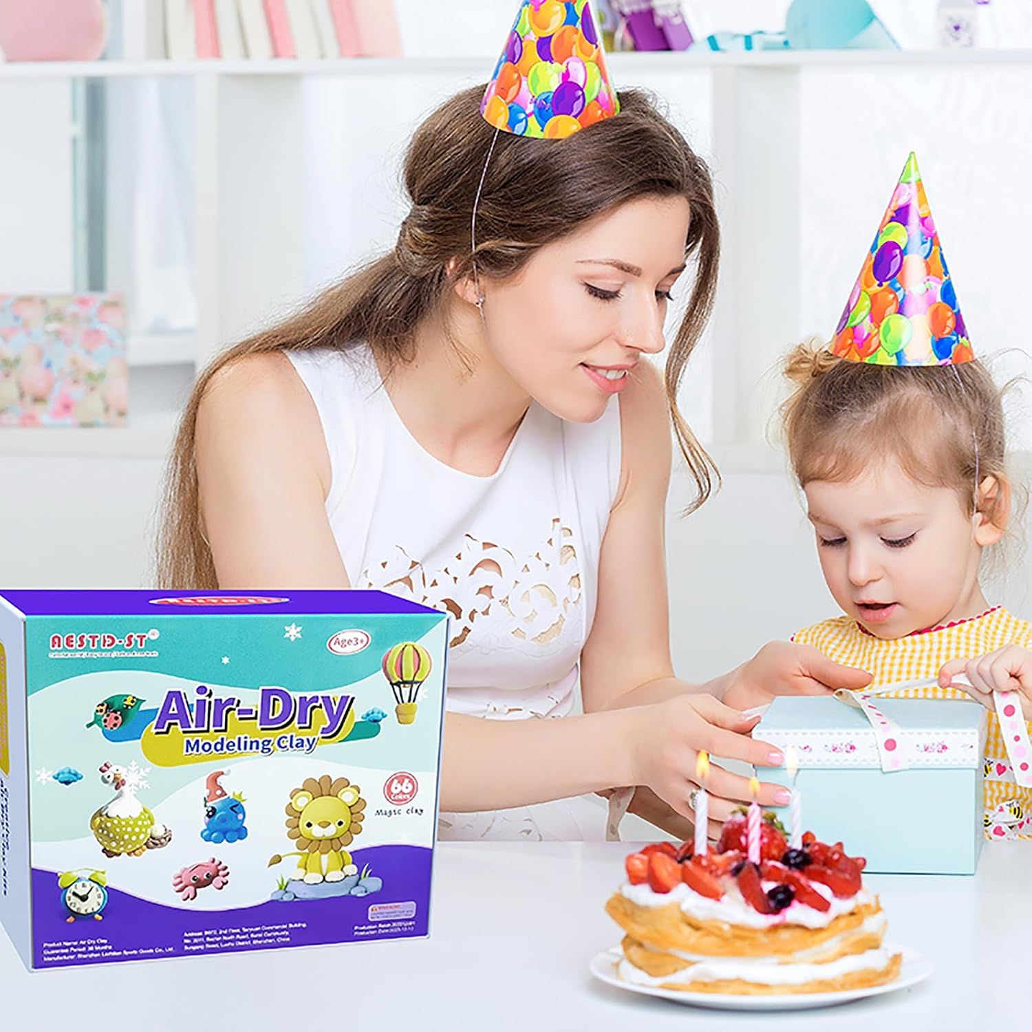 Positions the modeling clay as a perfect birthday or party gift by showing it in a celebratory context with party hats and cake. Communicates that this product is ideal for gifting and celebration…