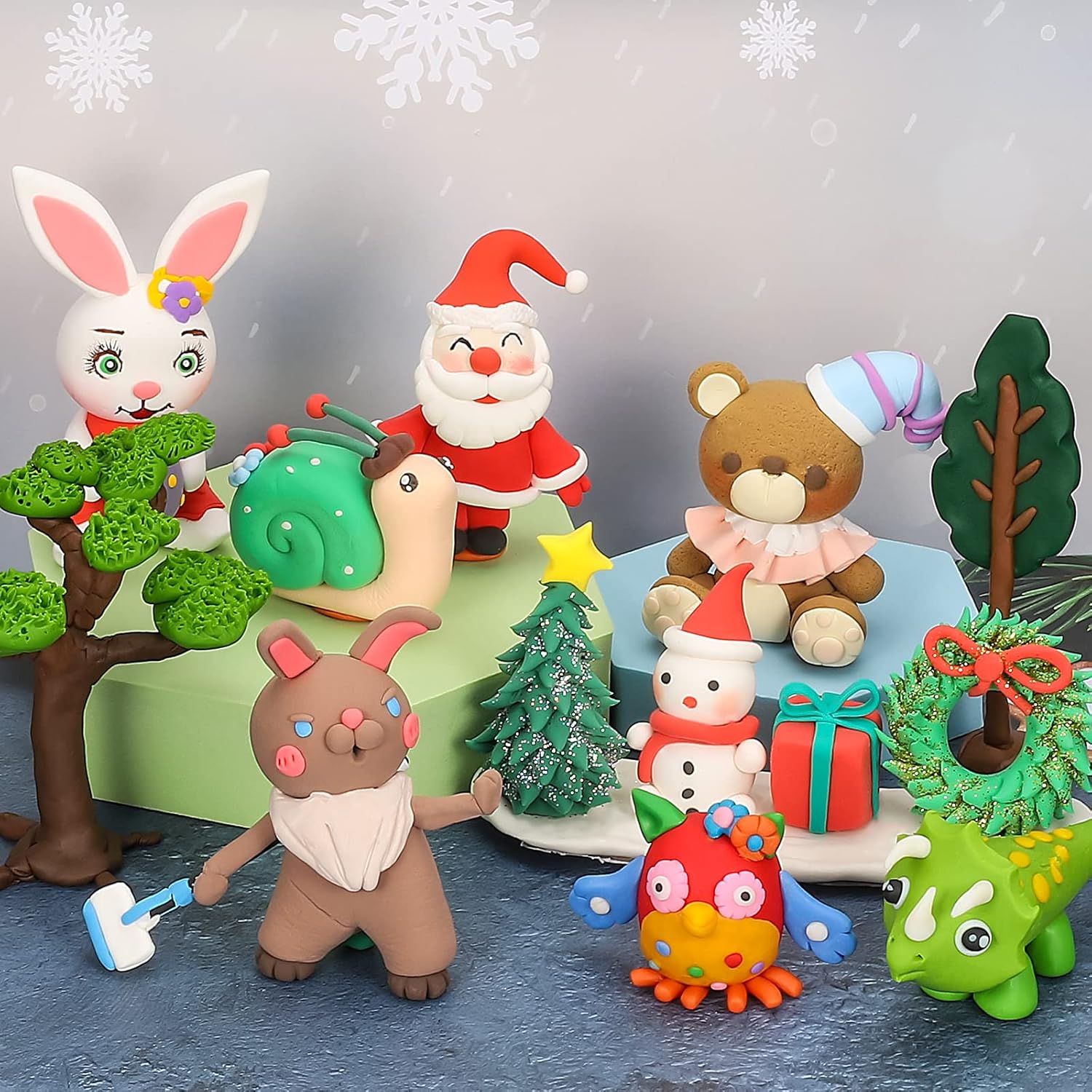 Positions the modeling clay as a festive holiday activity or gift by featuring Christmas-themed characters and decorations like Santa, snowflakes, and a Christmas tree.