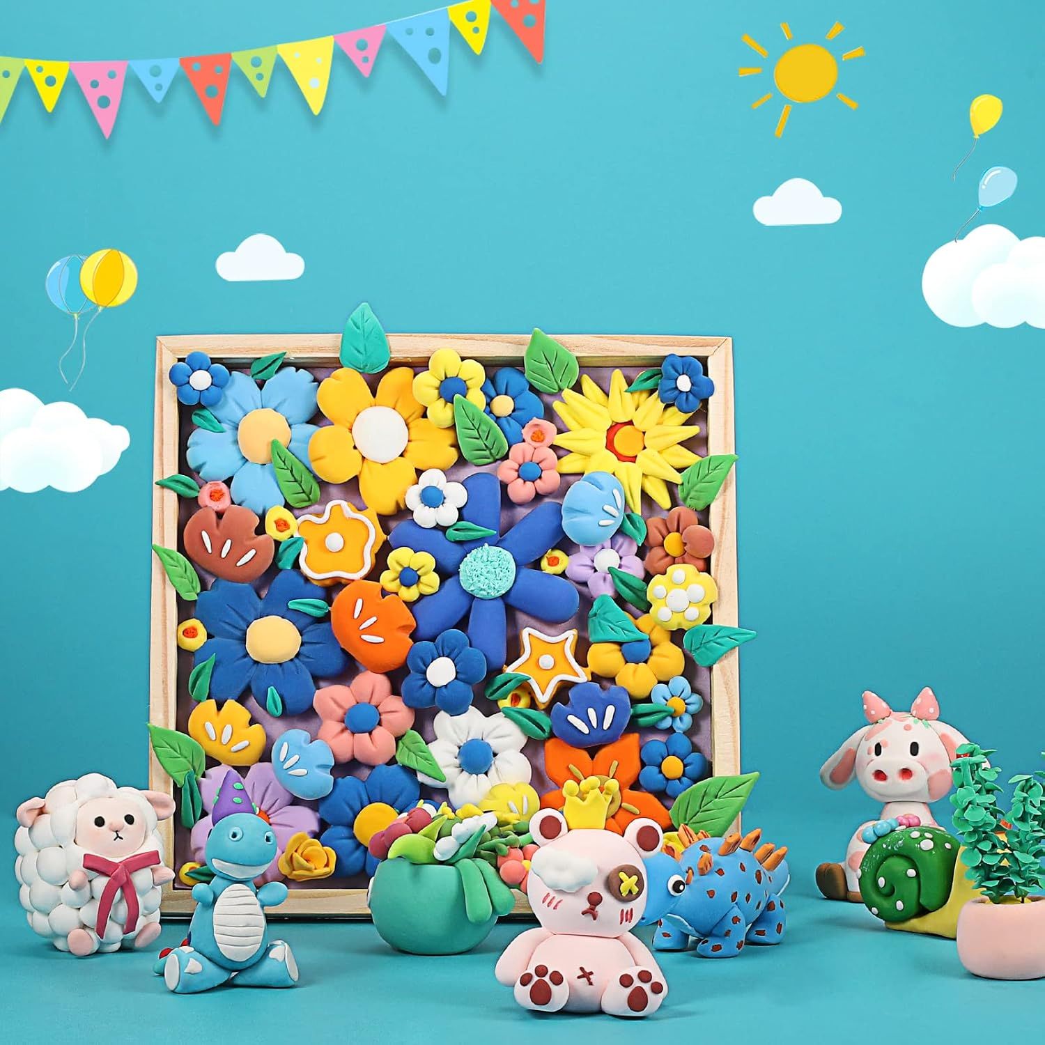 Displays a vibrant collection of customer-made clay flowers and characters to inspire creativity and demonstrate the product's versatility.