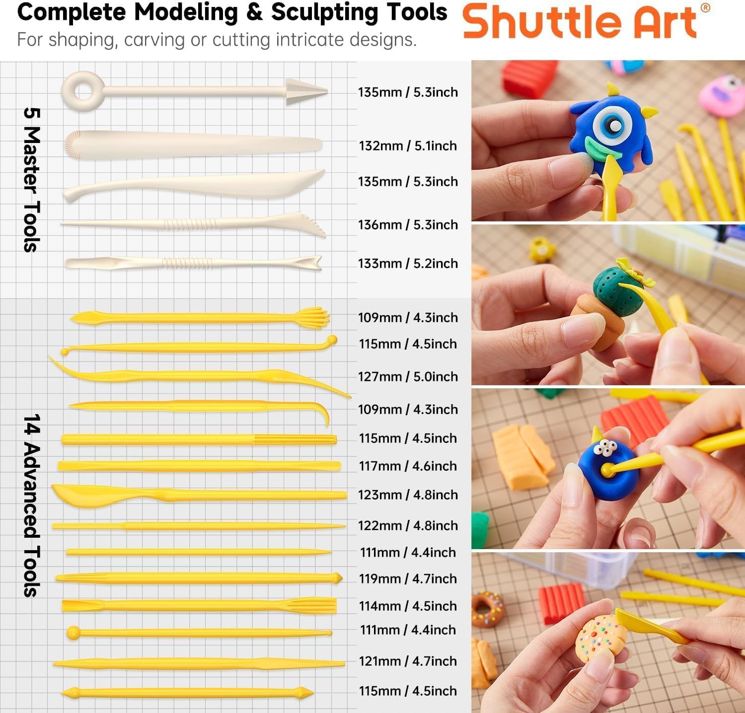Shows all the modeling and sculpting tools included in the kit to reassure shoppers they have everything needed for detailed clay work.