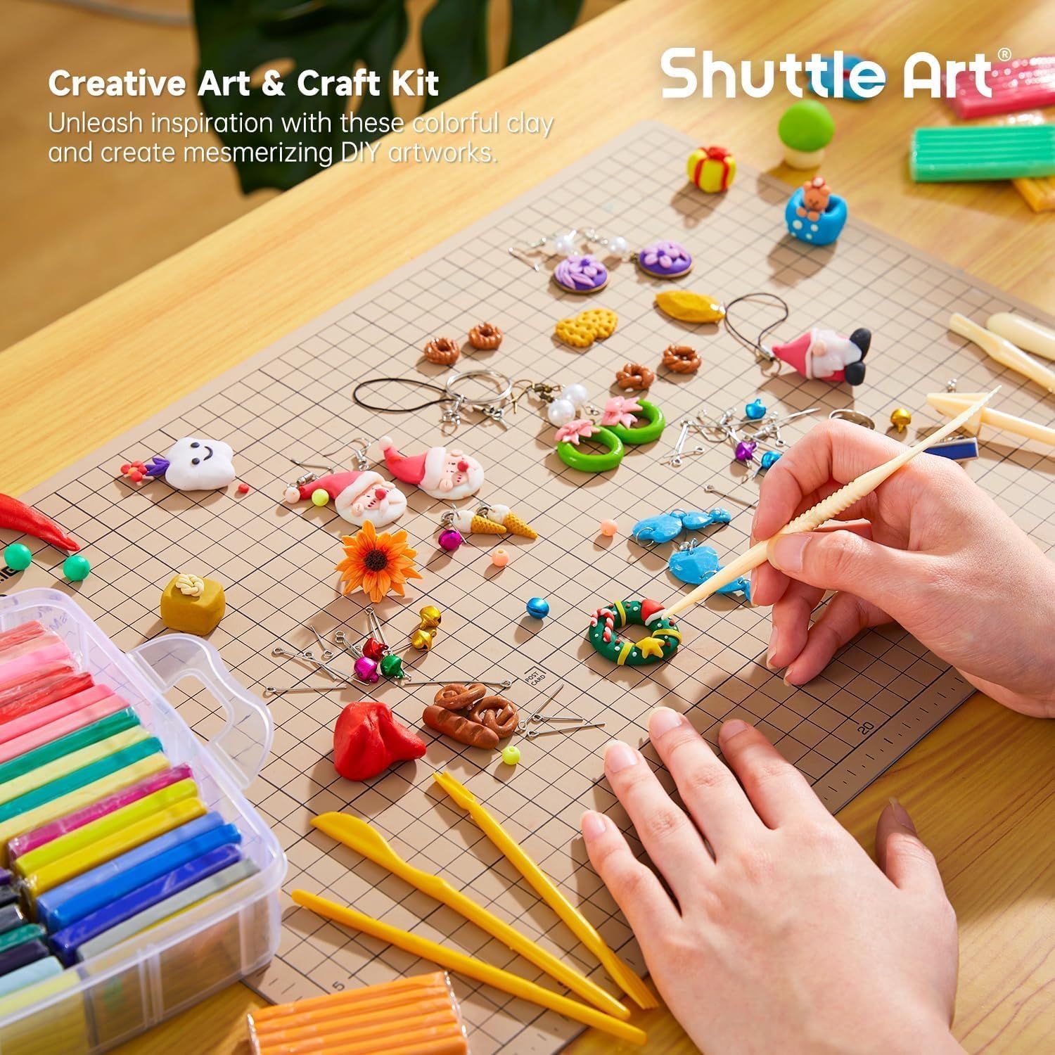 Showcases the product in use to communicate the creative and DIY potential of the clay kit, inspiring shoppers to imagine their own projects.