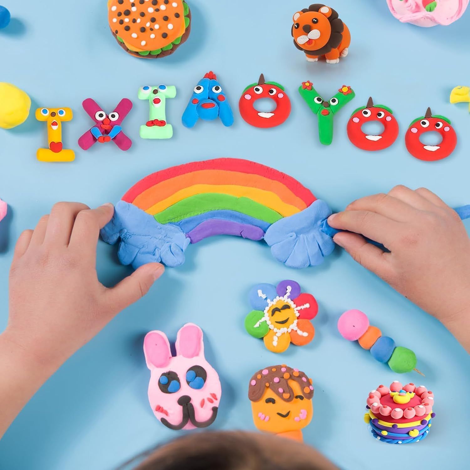 Shows children actively using the clay product in a real-world creative play scenario to help shoppers visualize the product in use.