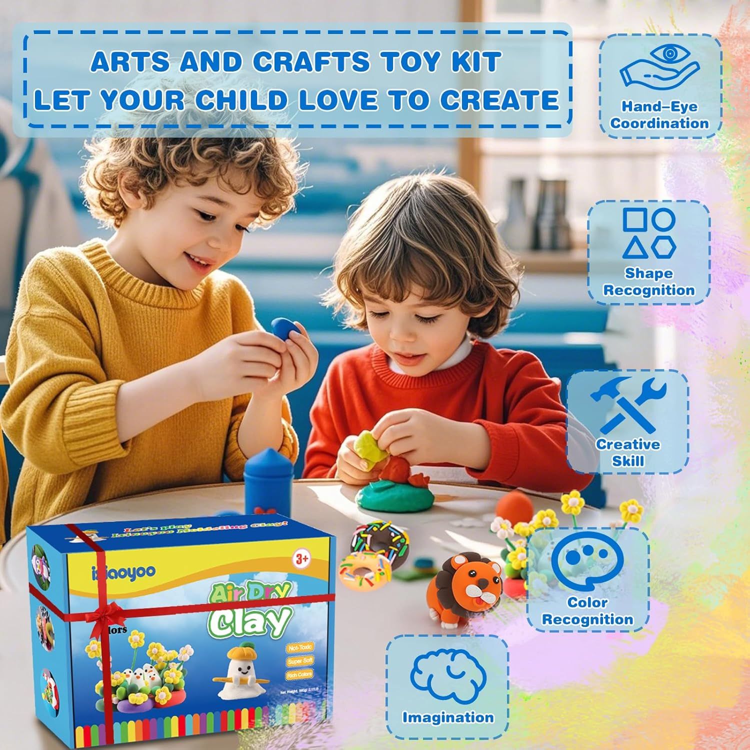 Highlights multiple developmental and educational benefits the toy provides for children in a segmented icon layout.