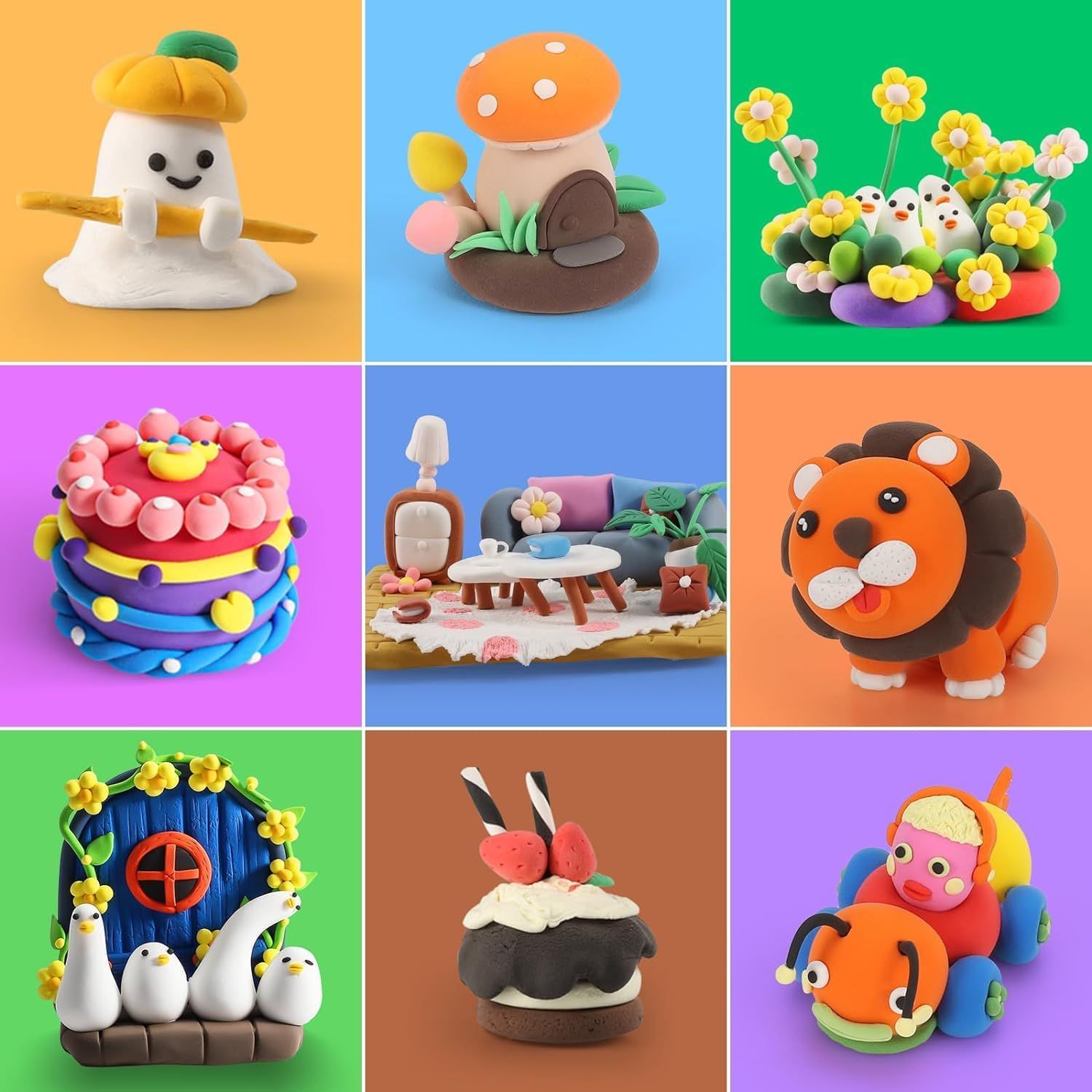 Displays a variety of finished clay creations to inspire shoppers and show the creative possibilities of the product.