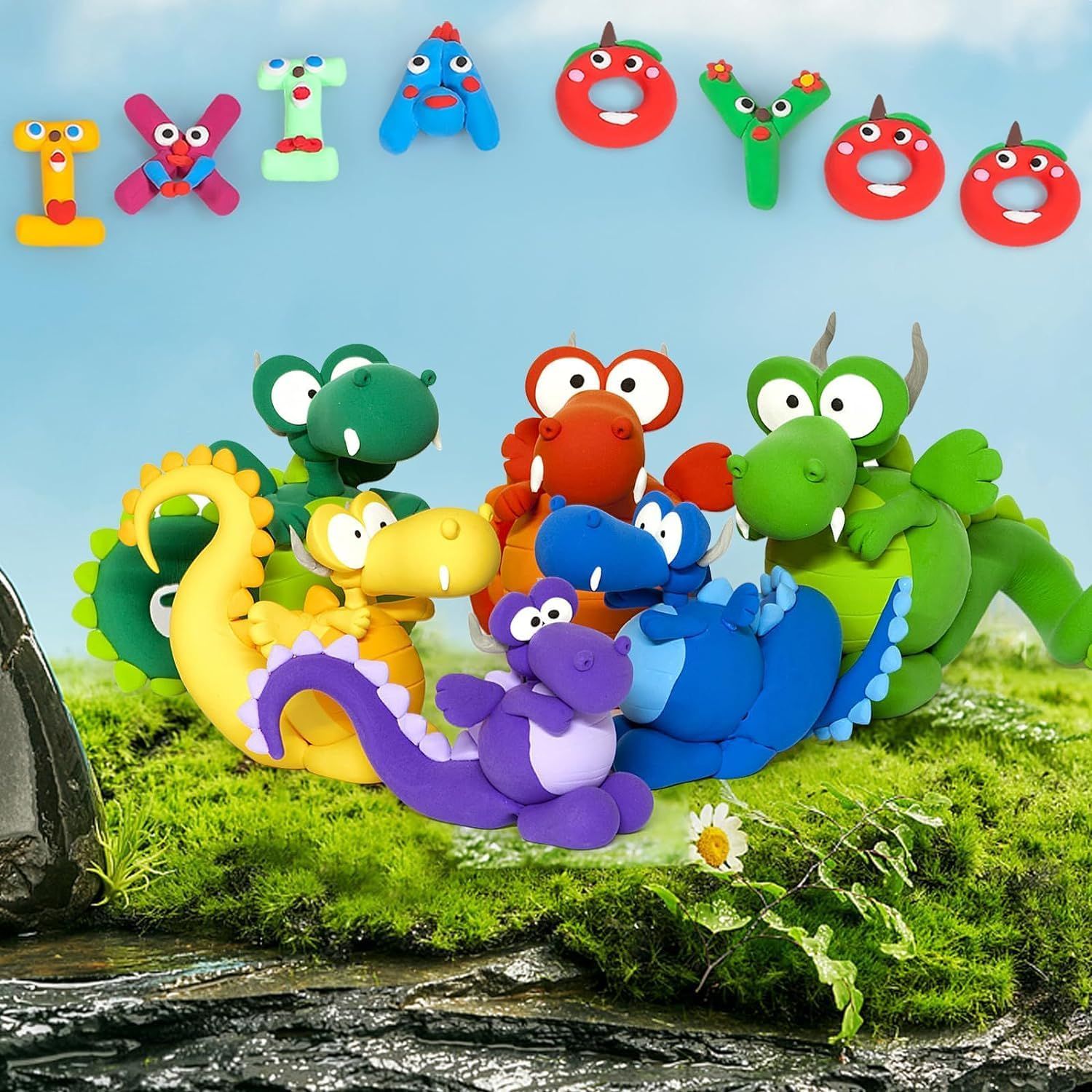 Shows finished clay dinosaur creations in a styled scene to demonstrate the products creative potential and appeal to children.