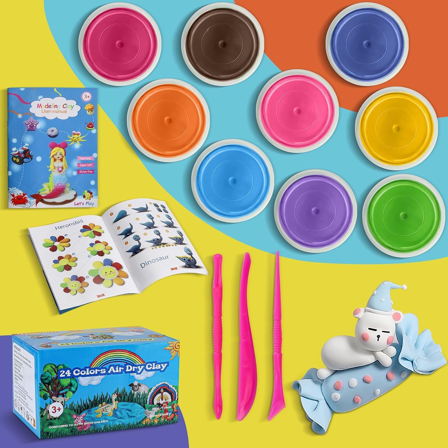 Shows everything included in the air dry clay kit: 24 color containers, tools, instruction manual, and packaging to help shoppers understand the full value of the bundle.