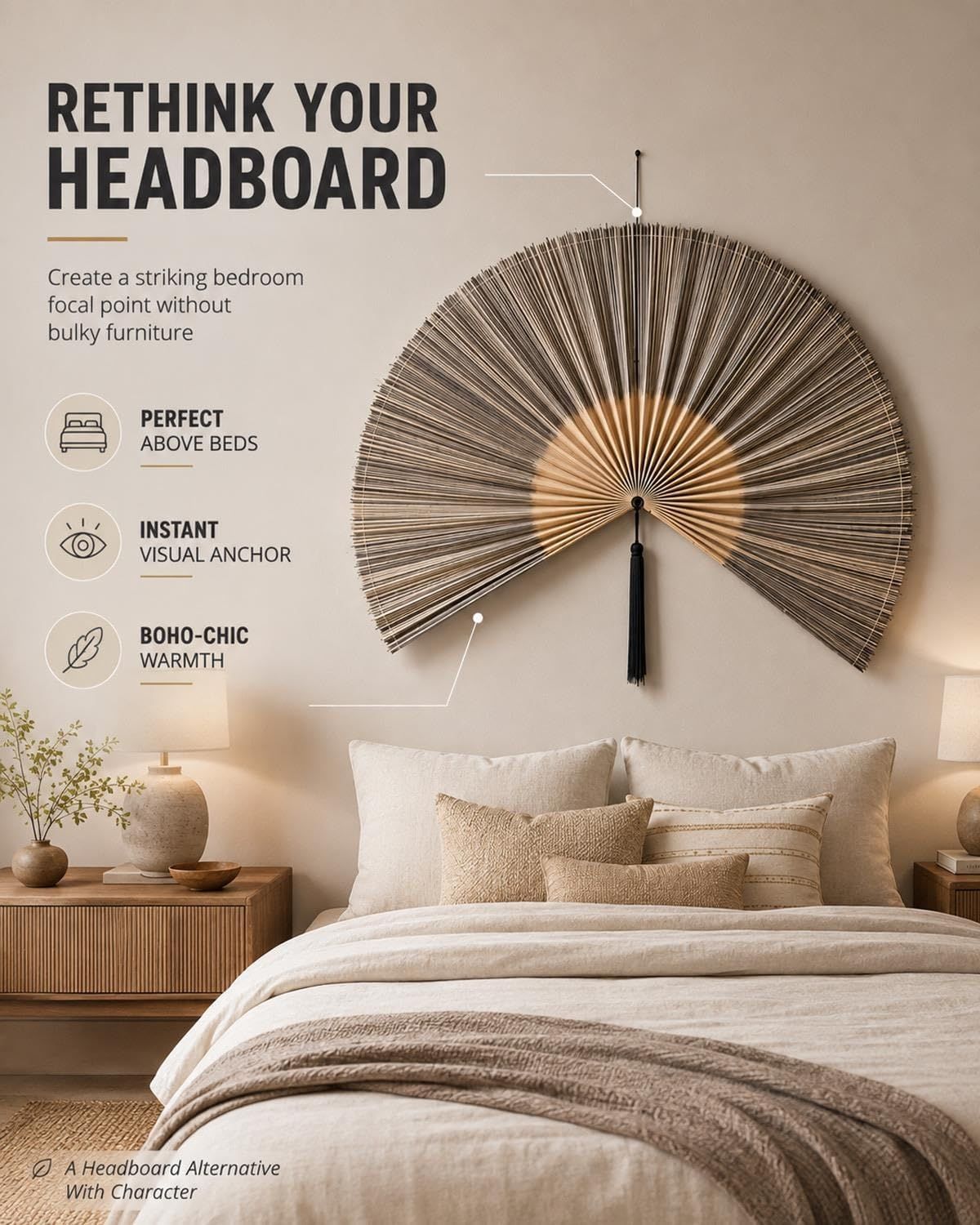Demonstrates a specific use case for the bamboo fan as a headboard alternative, showing shoppers how the product can create a striking bedroom focal point without bulky furniture. Communicates the…