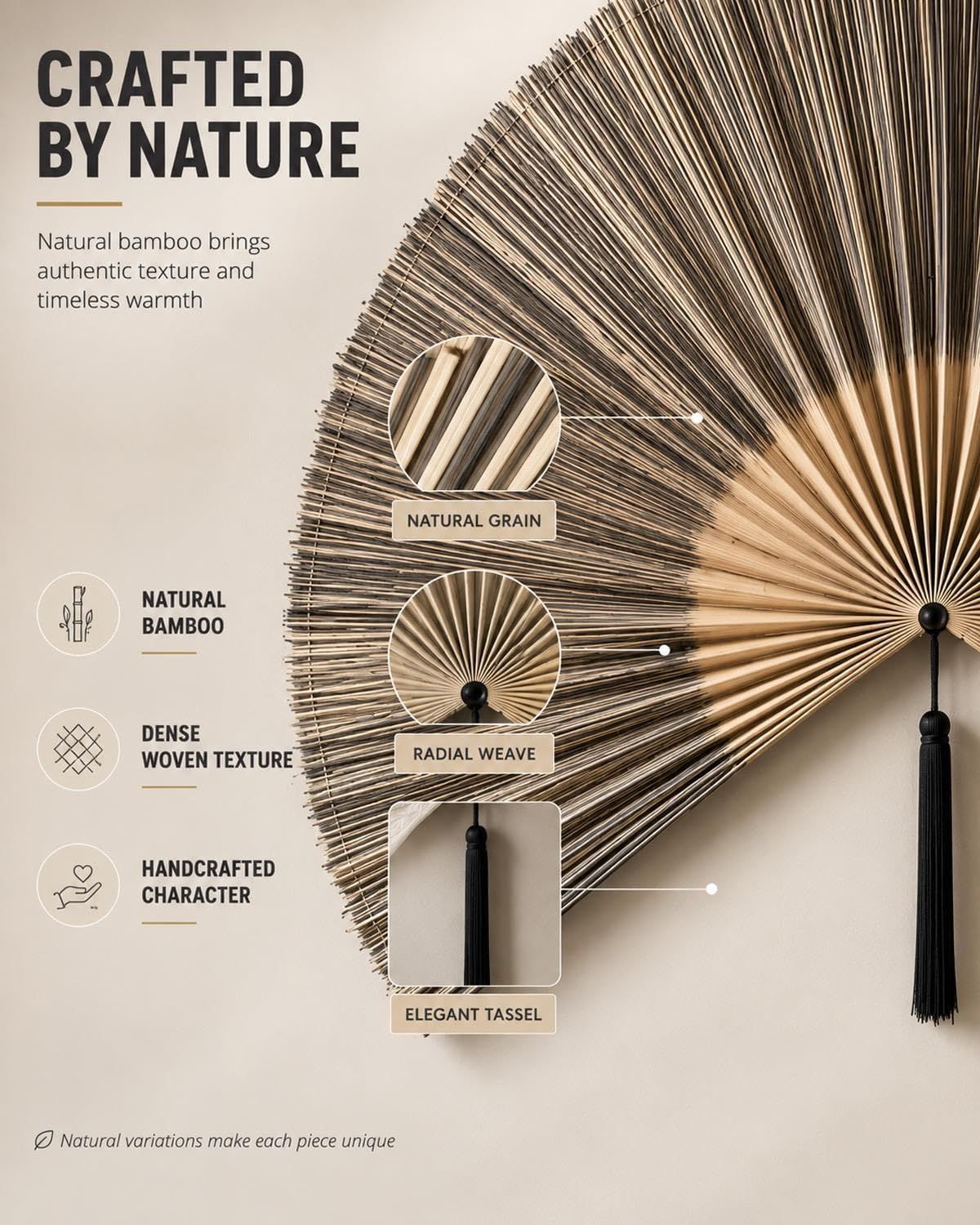 Breaks down the physical components and craftsmanship of the bamboo fan with zoom callouts highlighting the natural grain, woven texture, and decorative tassel to help shoppers understand the…