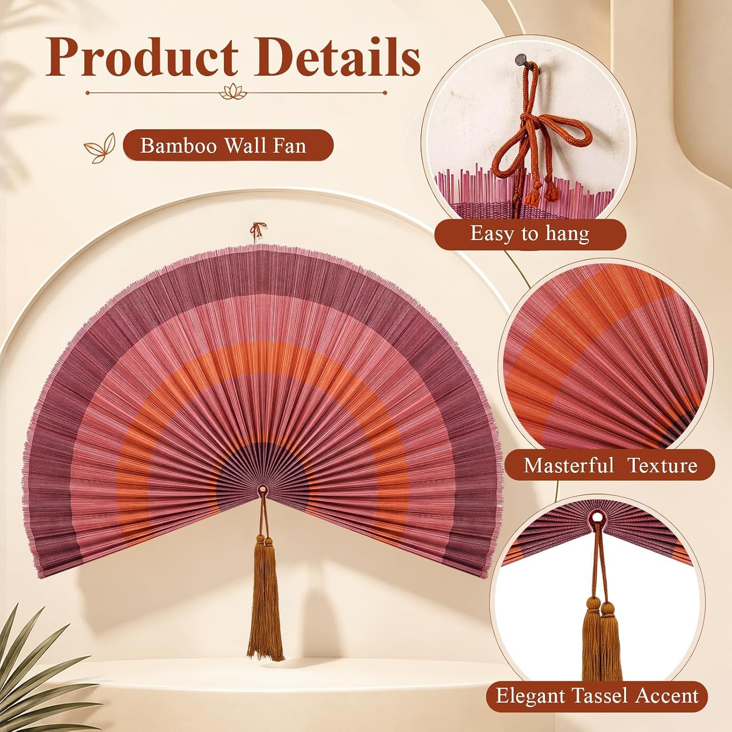 Breaks down the product's physical components and construction details with zoom circles highlighting the hanging mechanism, bamboo texture, and decorative tassel.