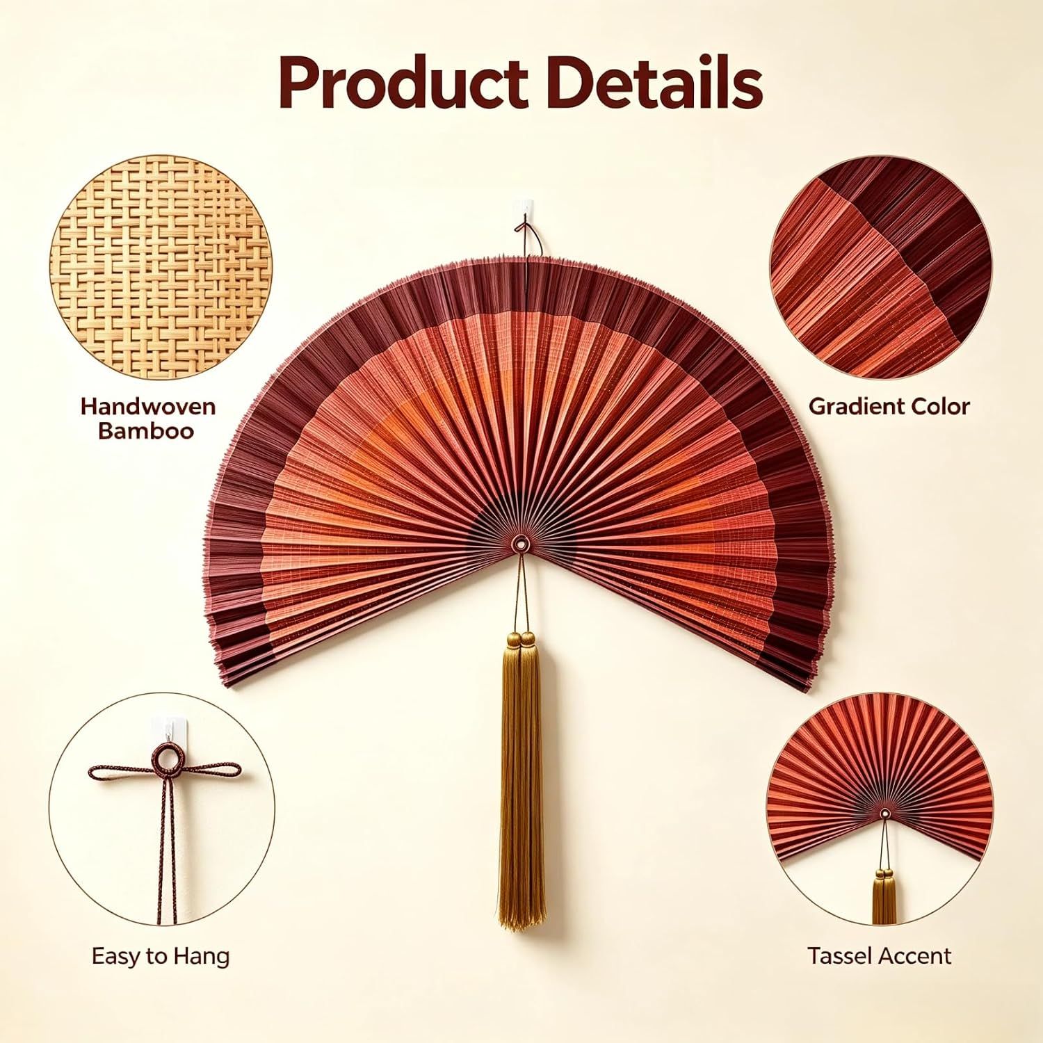 Breaks down the physical features and construction details of the decorative fan to help shoppers understand the craftsmanship, materials, and design elements that make up the product.