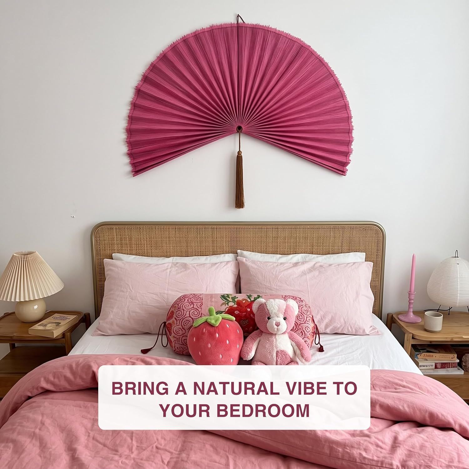 Shows the product in a bedroom environment to demonstrate its versatility and ability to bring natural charm to different spaces. Communicates the product's ability to add a natural, calming…