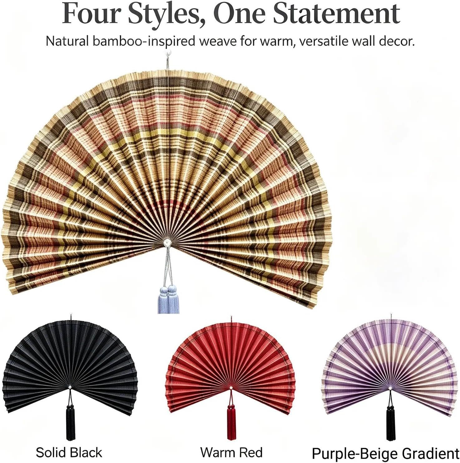 Showcases the brand's product line with four style options, emphasizing the natural bamboo-inspired weave as a warm, versatile wall decor statement.