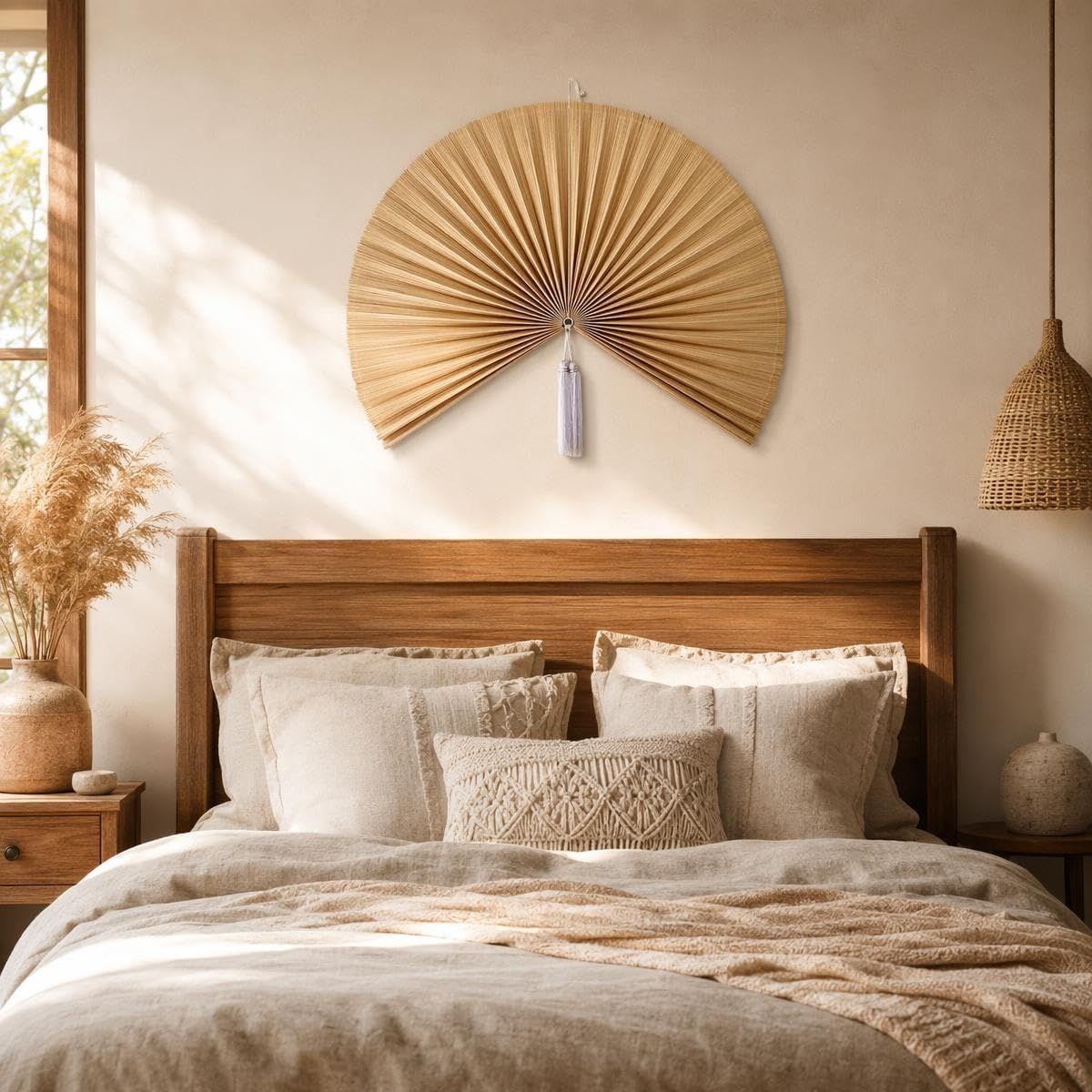 Showcases the wall decor product in a real-world bedroom setting to help shoppers visualize how it looks in their own home.