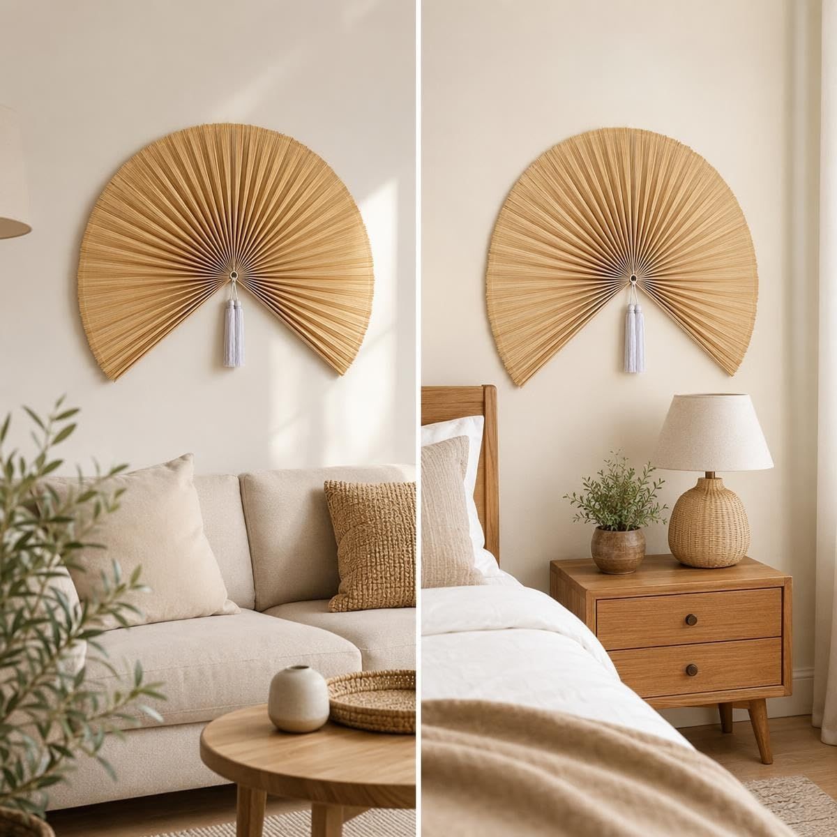 Demonstrates the versatility of the wall decor by showing it styled in two different room settings, helping shoppers see multiple use cases.