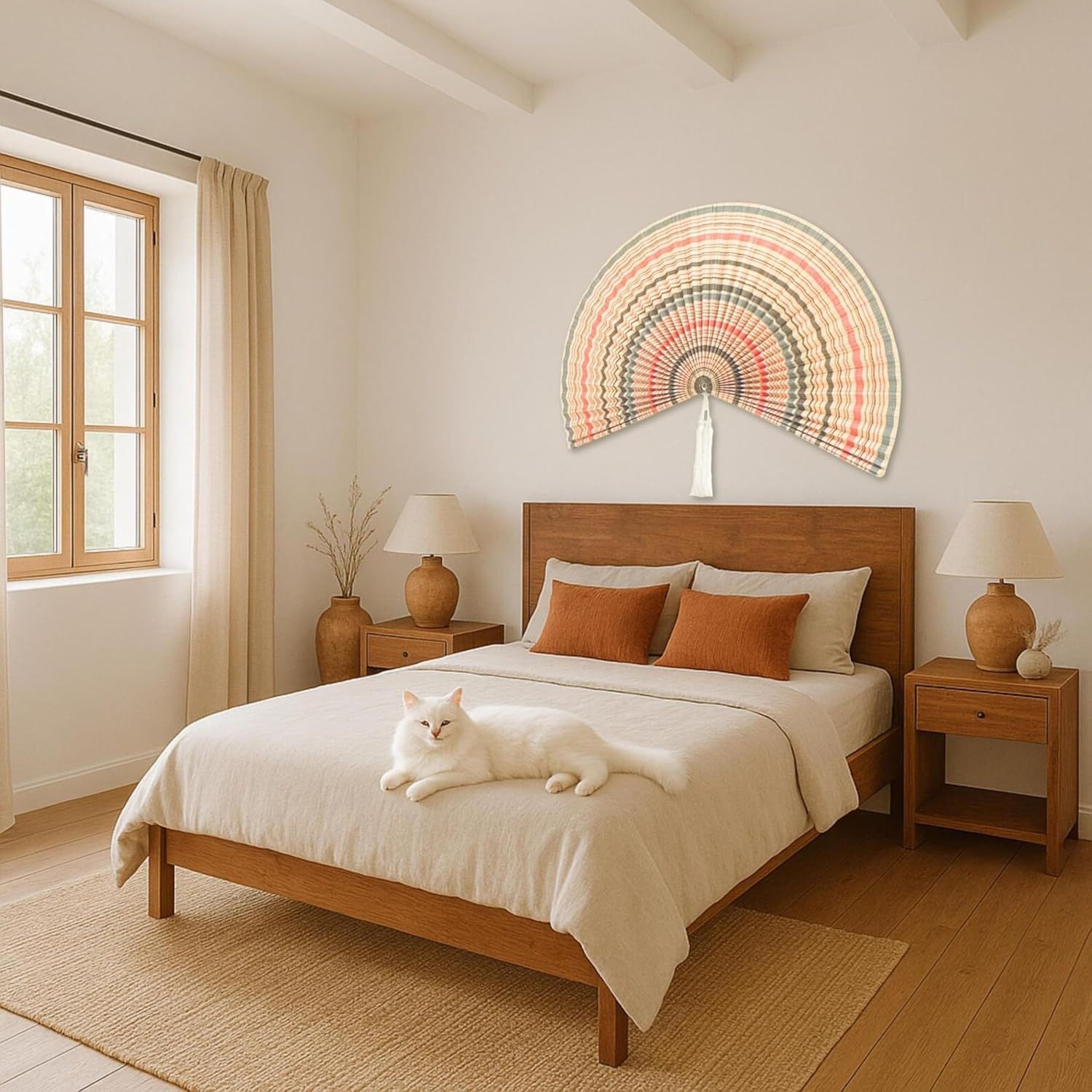 Displays the fan as decorative wall art in a styled bedroom environment to help shoppers envision the product in their own living space.