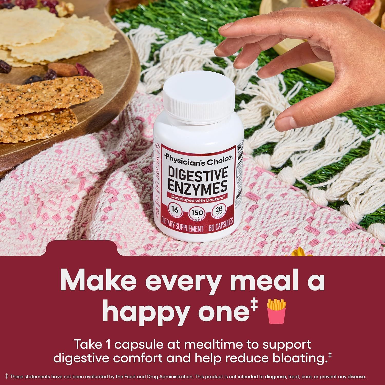 Instructs shoppers to take one capsule at mealtime to support digestive comfort and reduce bloating, making usage simple and clear. Communicates the primary benefit of digestive comfort and bloating…